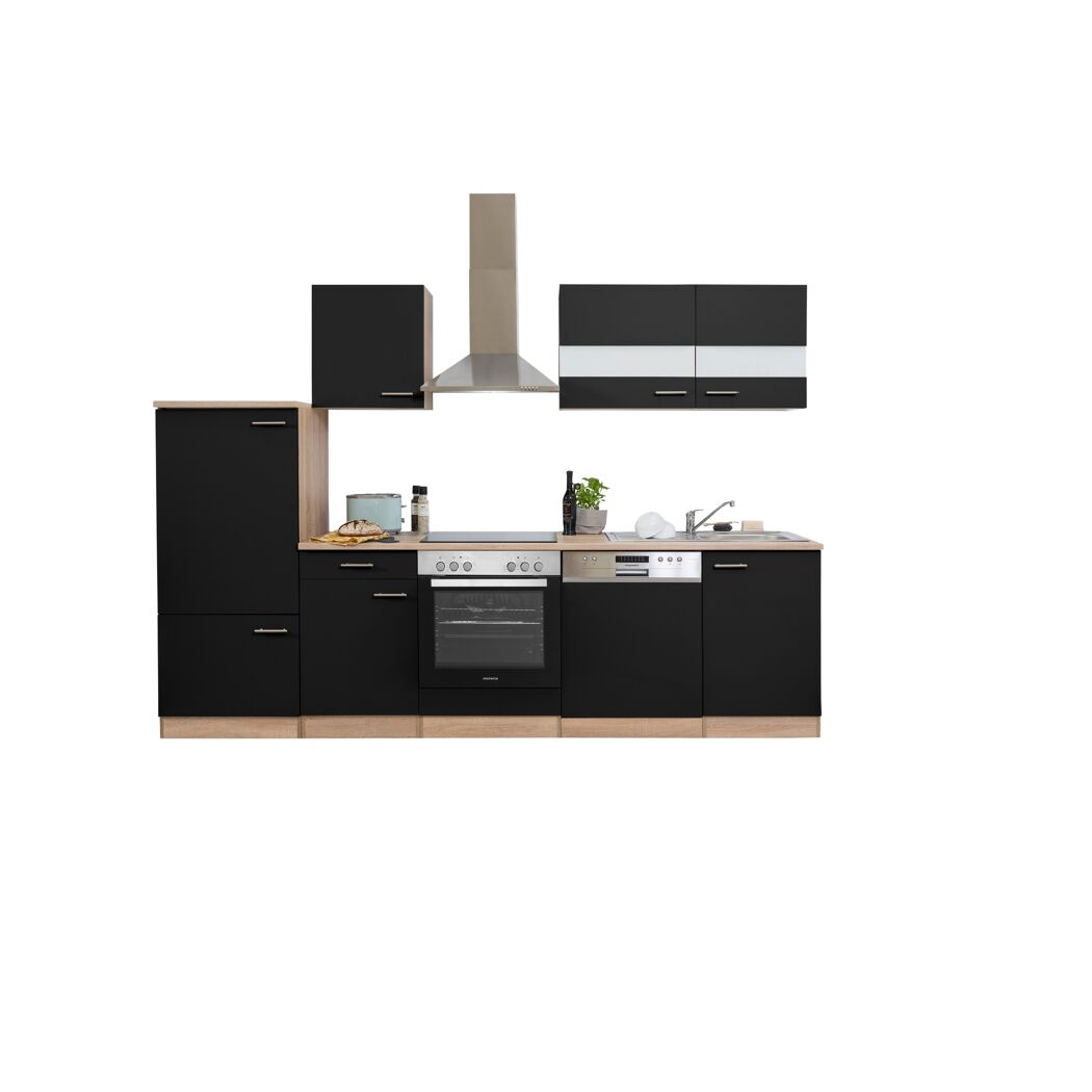 Küchenzeile 'Merle' mit E-Geräten KB280ESSC schwarz/eichefarben 280 cm