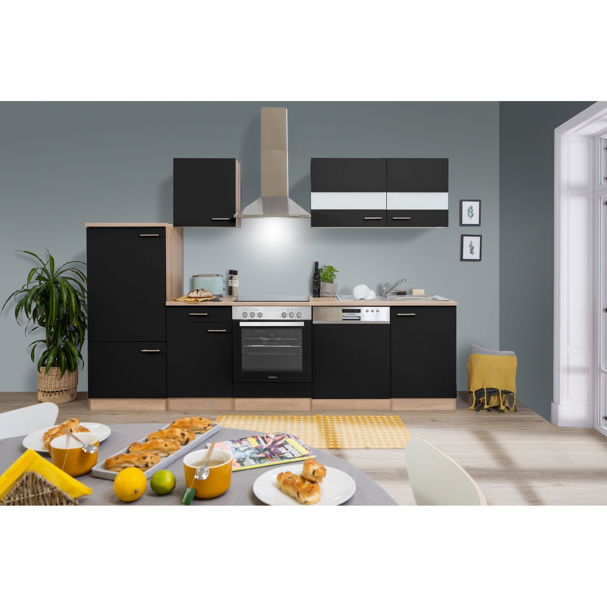 Küchenzeile 'Merle' mit E-Geräten KB280ESSC schwarz/eichefarben 280 cm