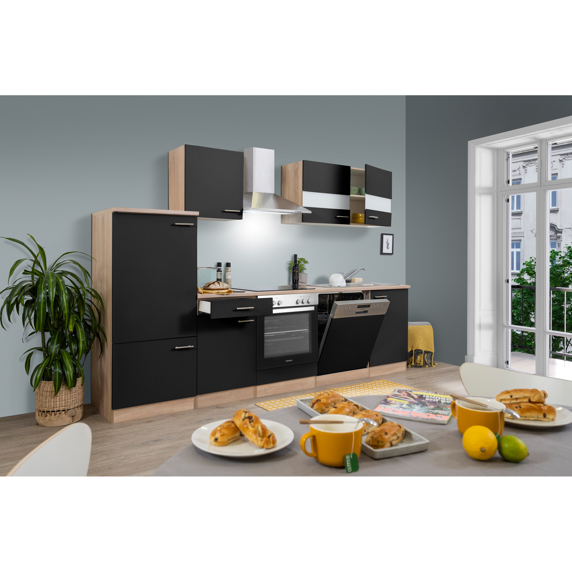 Küchenzeile 'Merle' mit E-Geräten KB280ESSC schwarz/eichefarben 280 cm