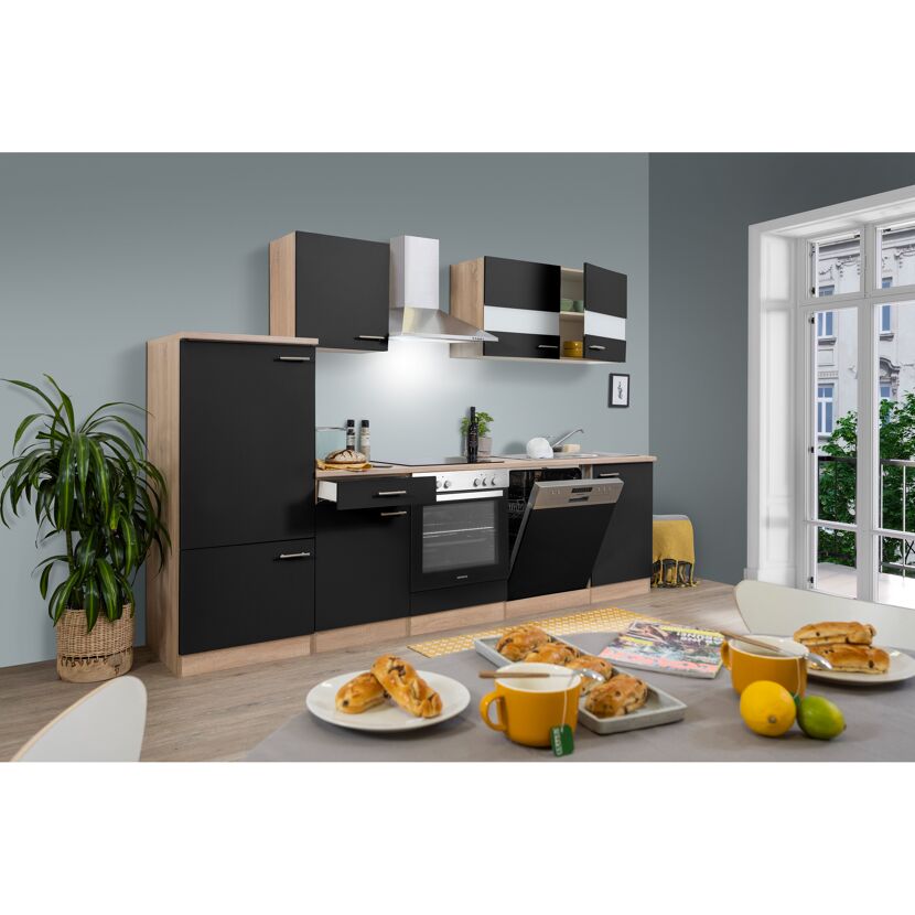 Küchenzeile 'Merle' mit E-Geräten KB280ESSC schwarz/eichefarben 280 cm