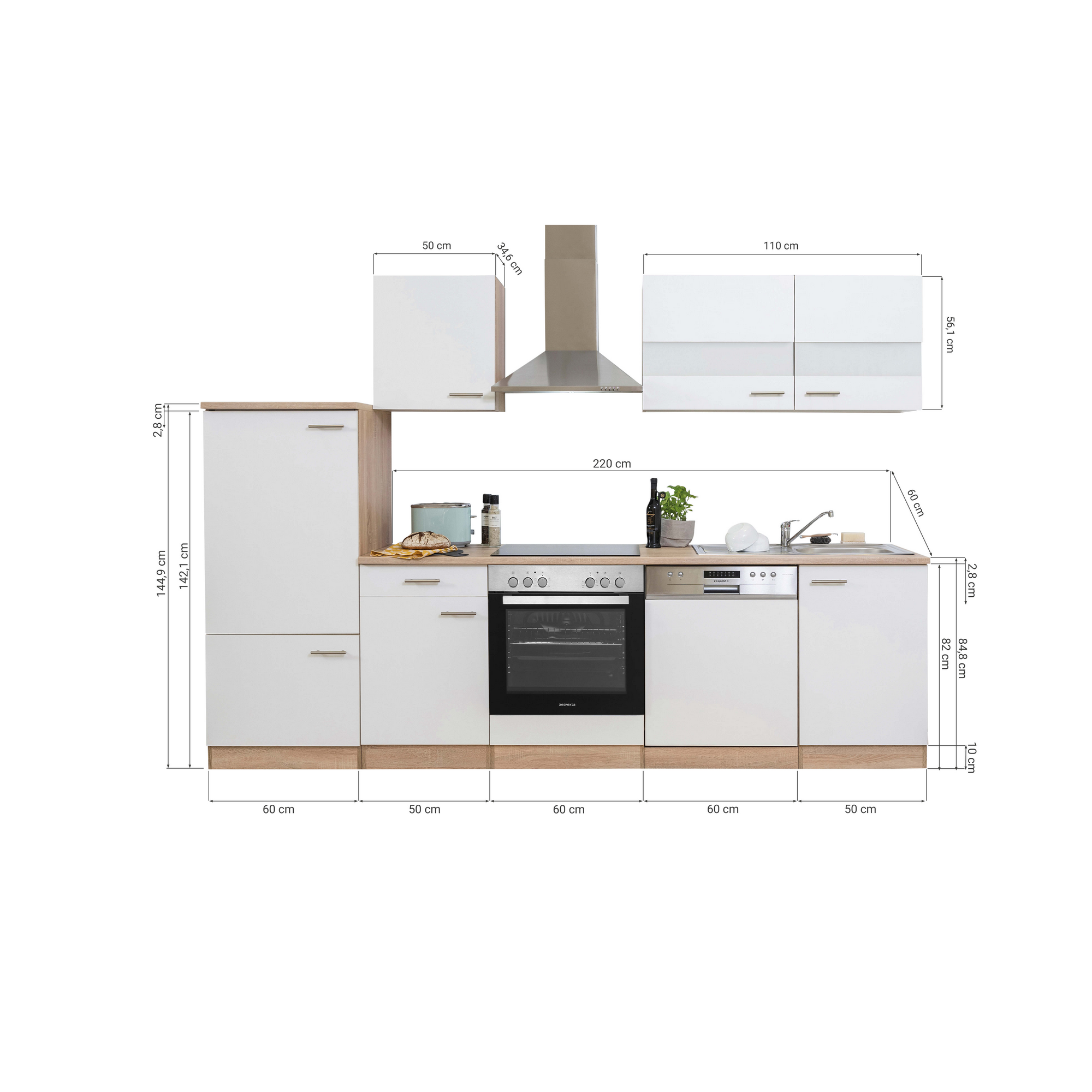 Küchenzeile 'Merle' mit E-Geräten KB280ESSC schwarz/eichefarben 280 cm