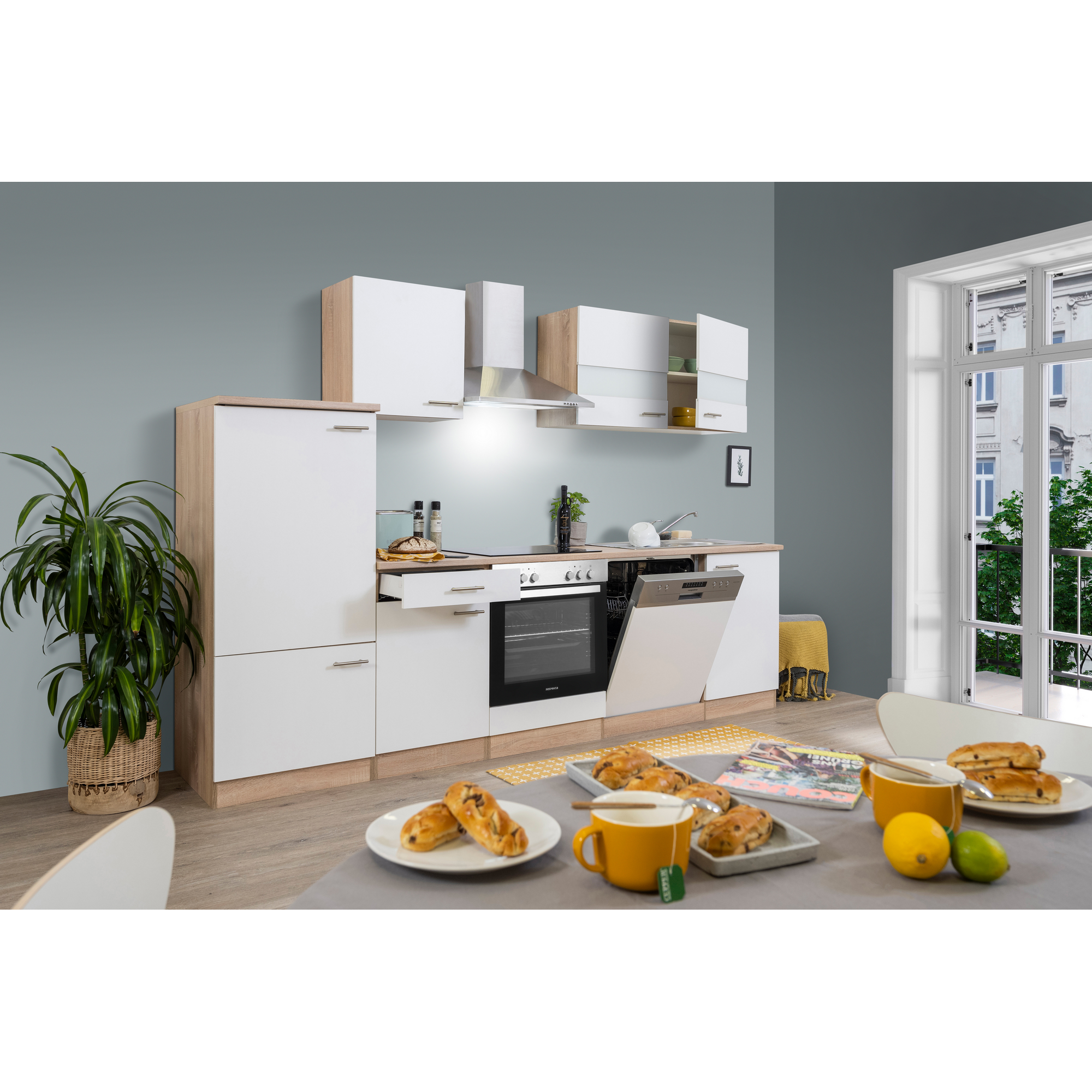 Küchenzeile 'Merle' mit E-Geräten KB280ESWC weiß/eichefarben 280 cm