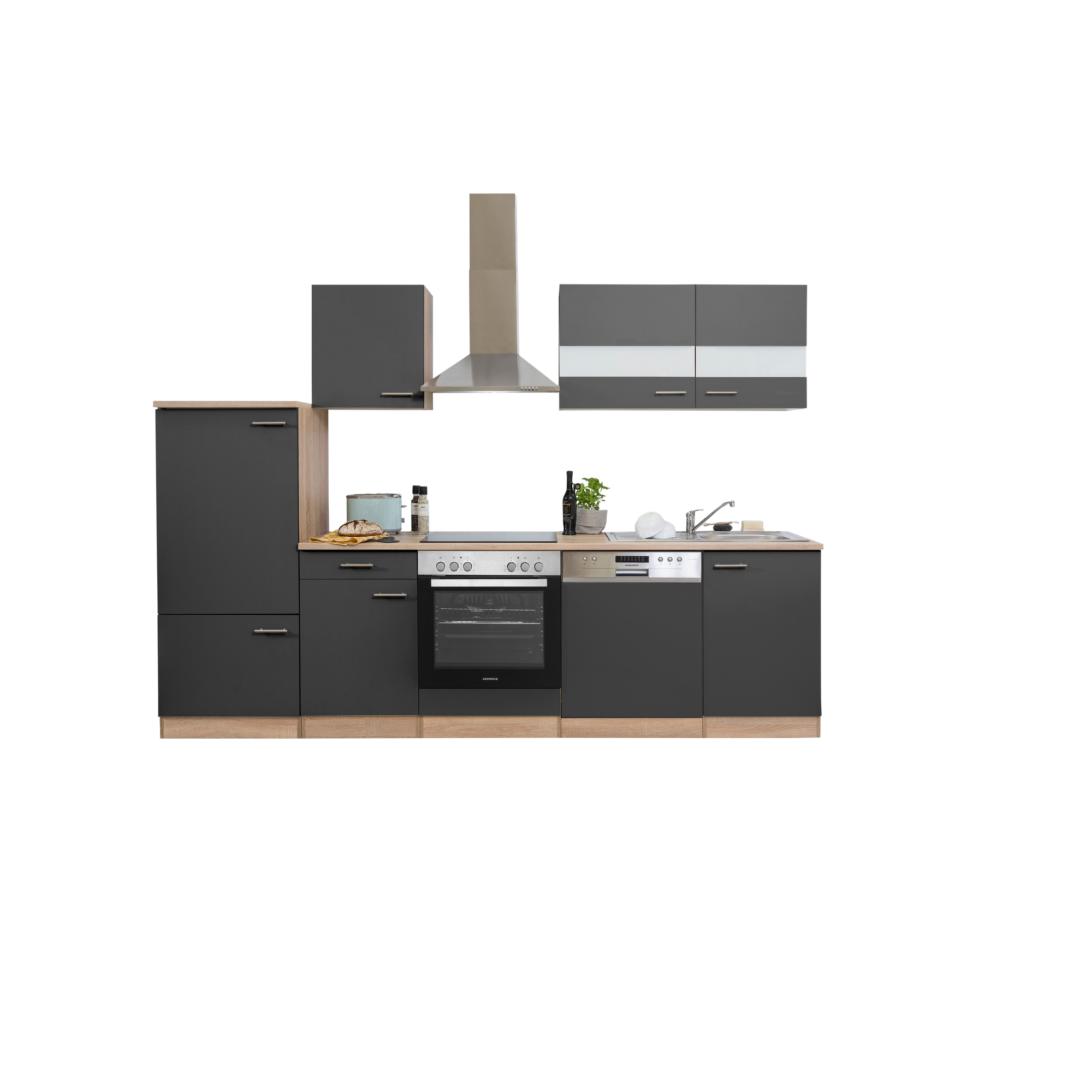 Küchenzeile 'Merle' mit E-Geräten KB280ESGC grau/eichefarben 280 cm