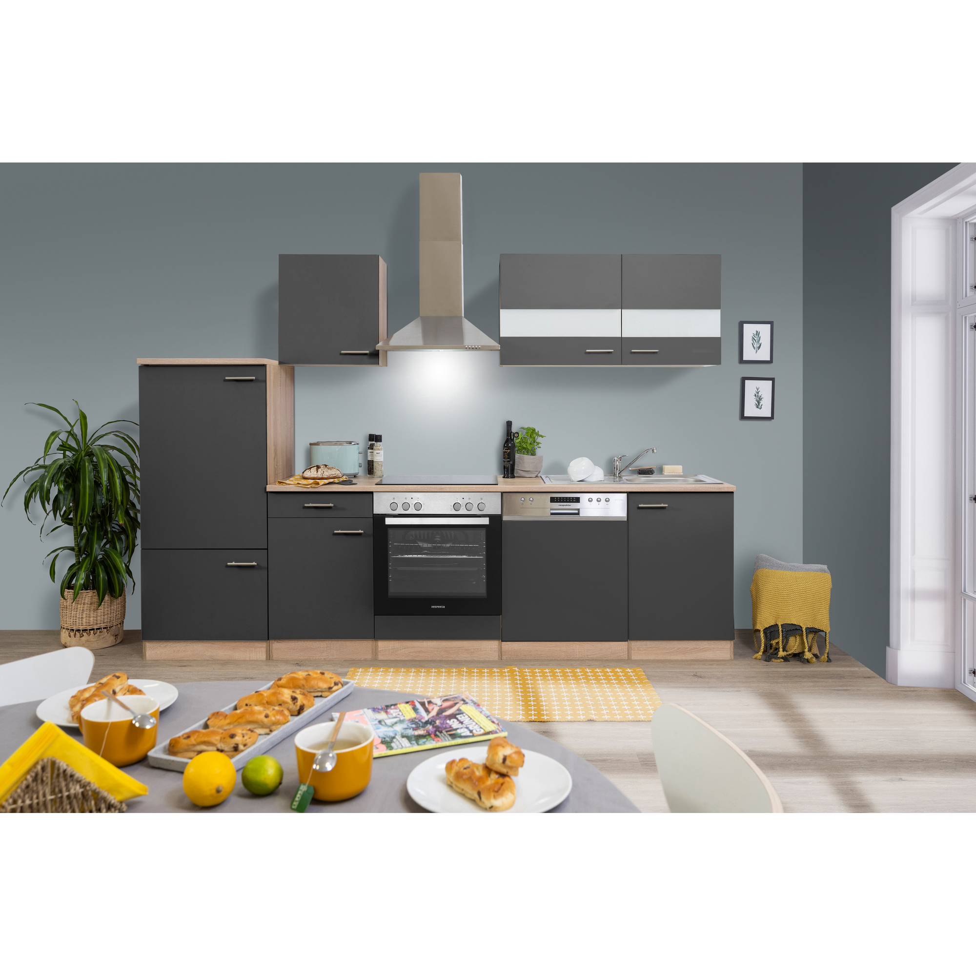 Küchenzeile 'Merle' mit E-Geräten KB280ESGC grau/eichefarben 280 cm