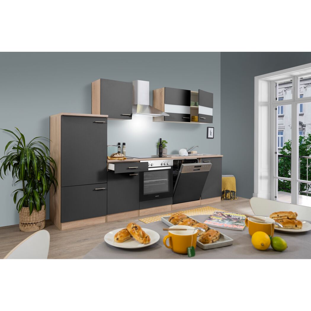 Küchenzeile 'Merle' mit E-Geräten KB280ESGC grau/eichefarben 280 cm