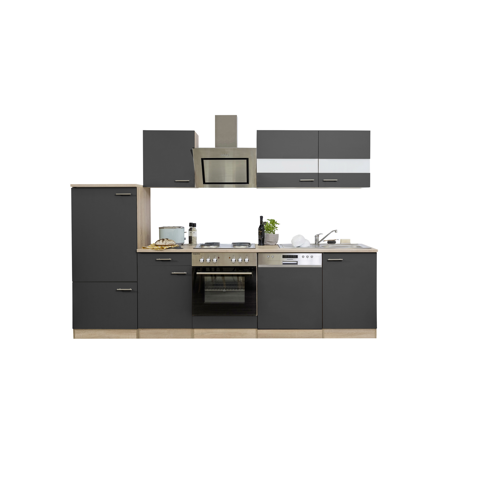 Küchenzeile 'Merle' mit E-Geräten KB280ESGS grau/eichefarben 280 cm