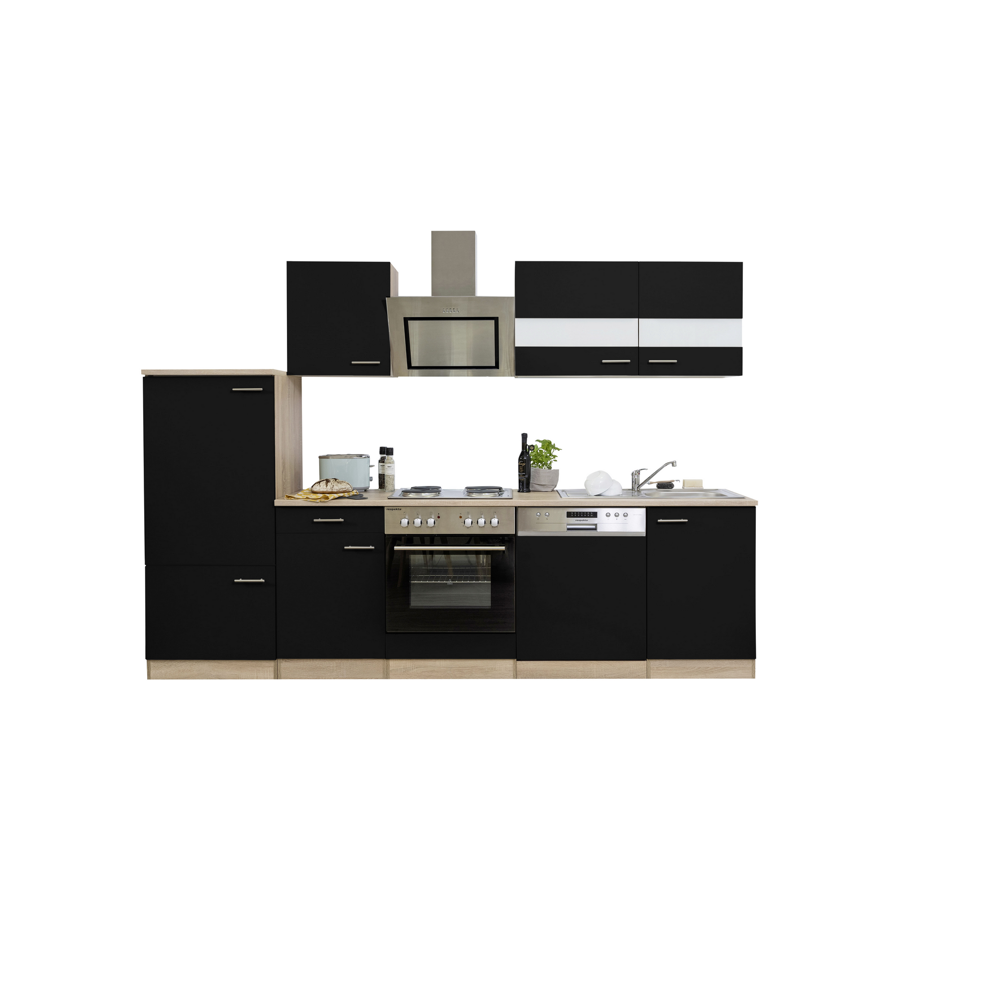 Küchenzeile 'Merle' mit E-Geräten KB280ESSS schwarz/eichefarben 280 cm