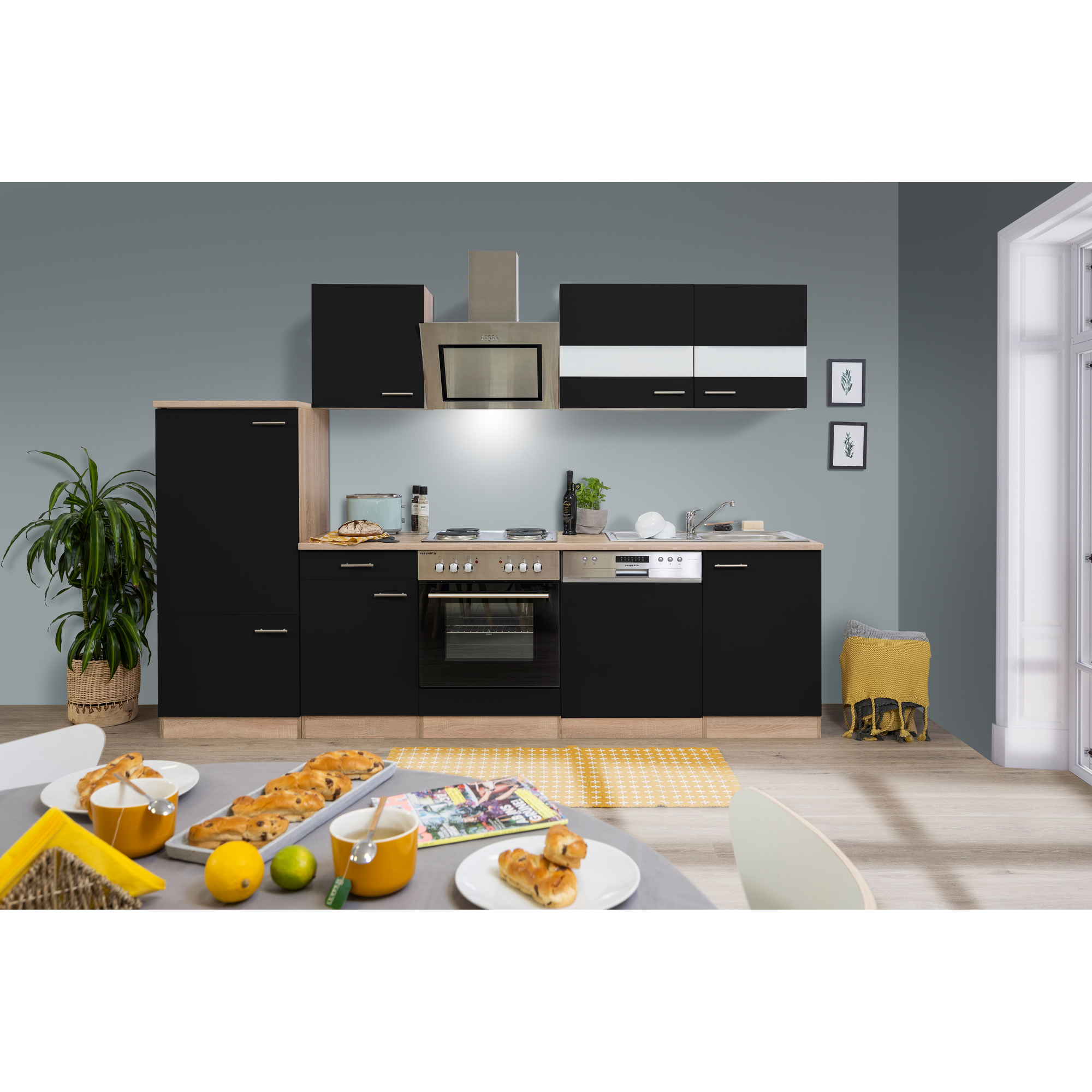 Küchenzeile 'Merle' mit E-Geräten KB280ESSS schwarz/eichefarben 280 cm