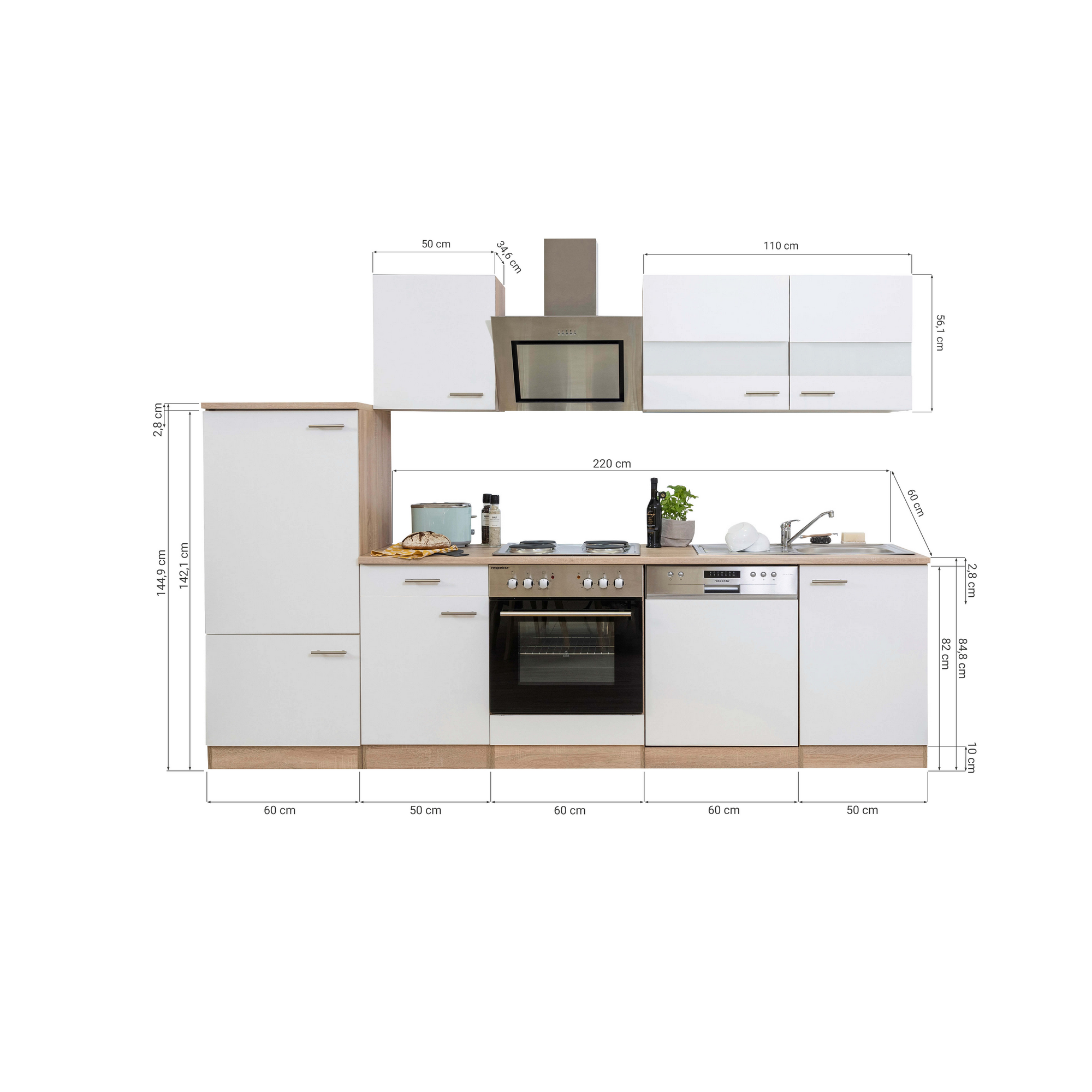 Küchenzeile 'Merle' mit E-Geräten KB280ESSS schwarz/eichefarben 280 cm