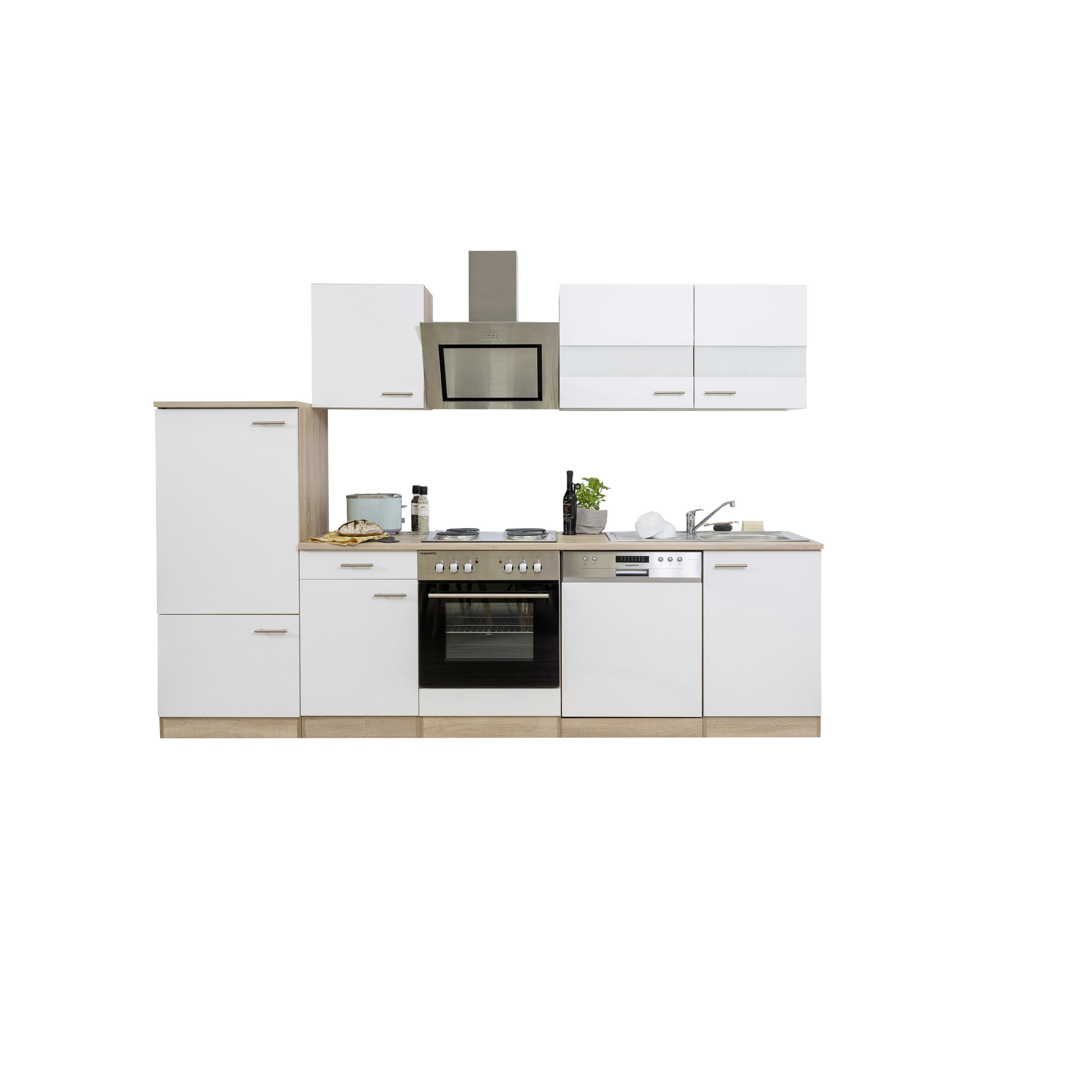 Küchenzeile 'Merle' mit E-Geräten KB280ESWCGKE weiß/eichefarben 280 cm