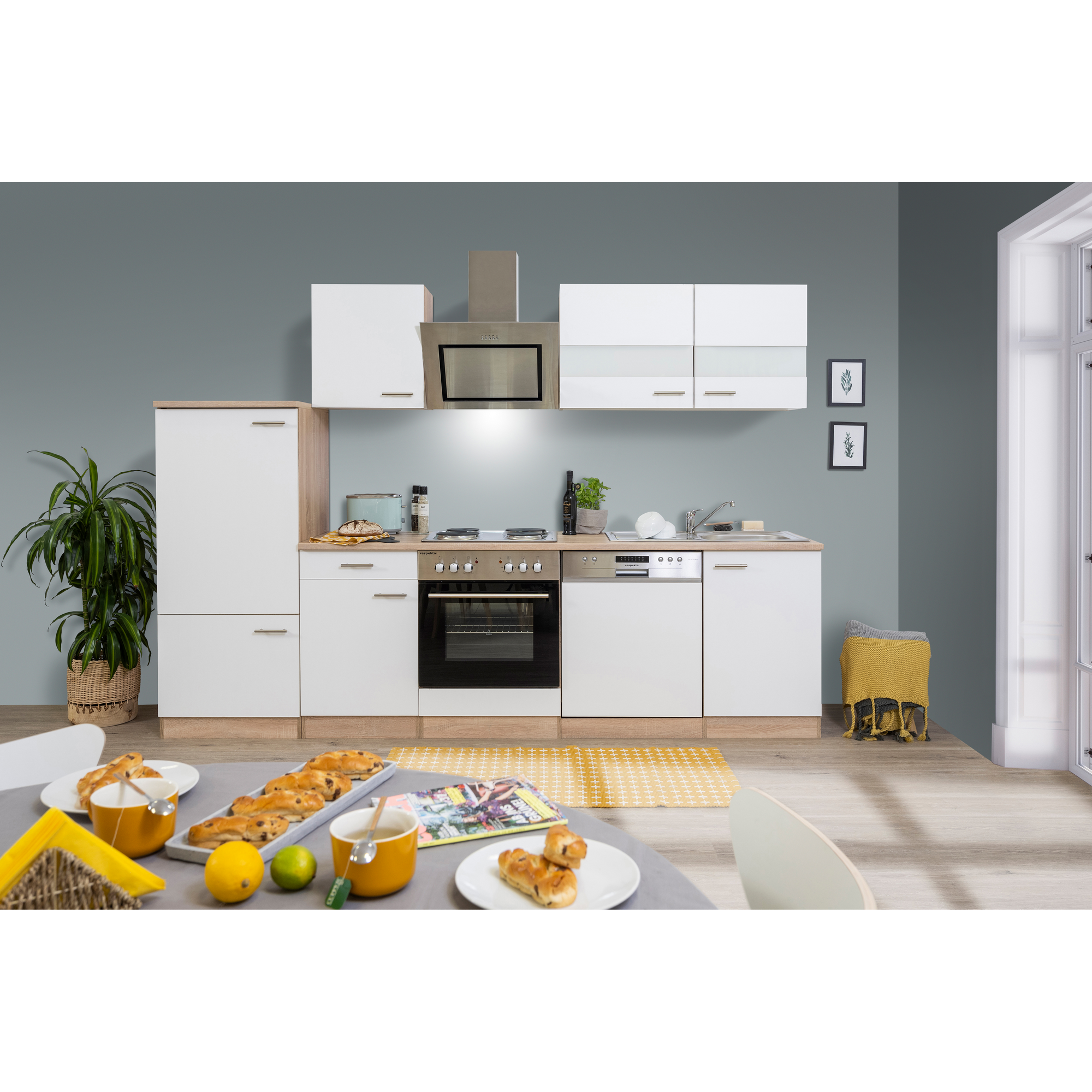 Küchenzeile 'Merle' mit E-Geräten KB280ESWCGKE weiß/eichefarben 280 cm