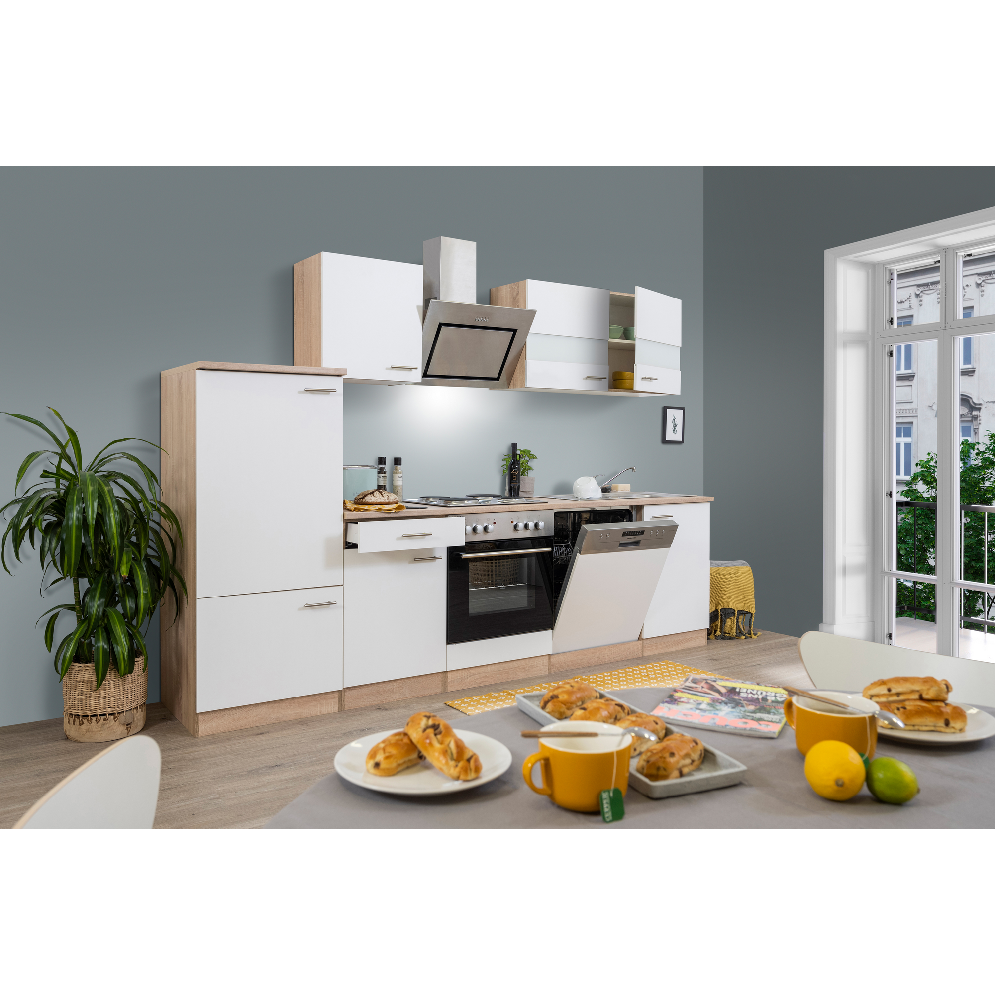 Küchenzeile 'Merle' mit E-Geräten KB280ESWCGKE weiß/eichefarben 280 cm