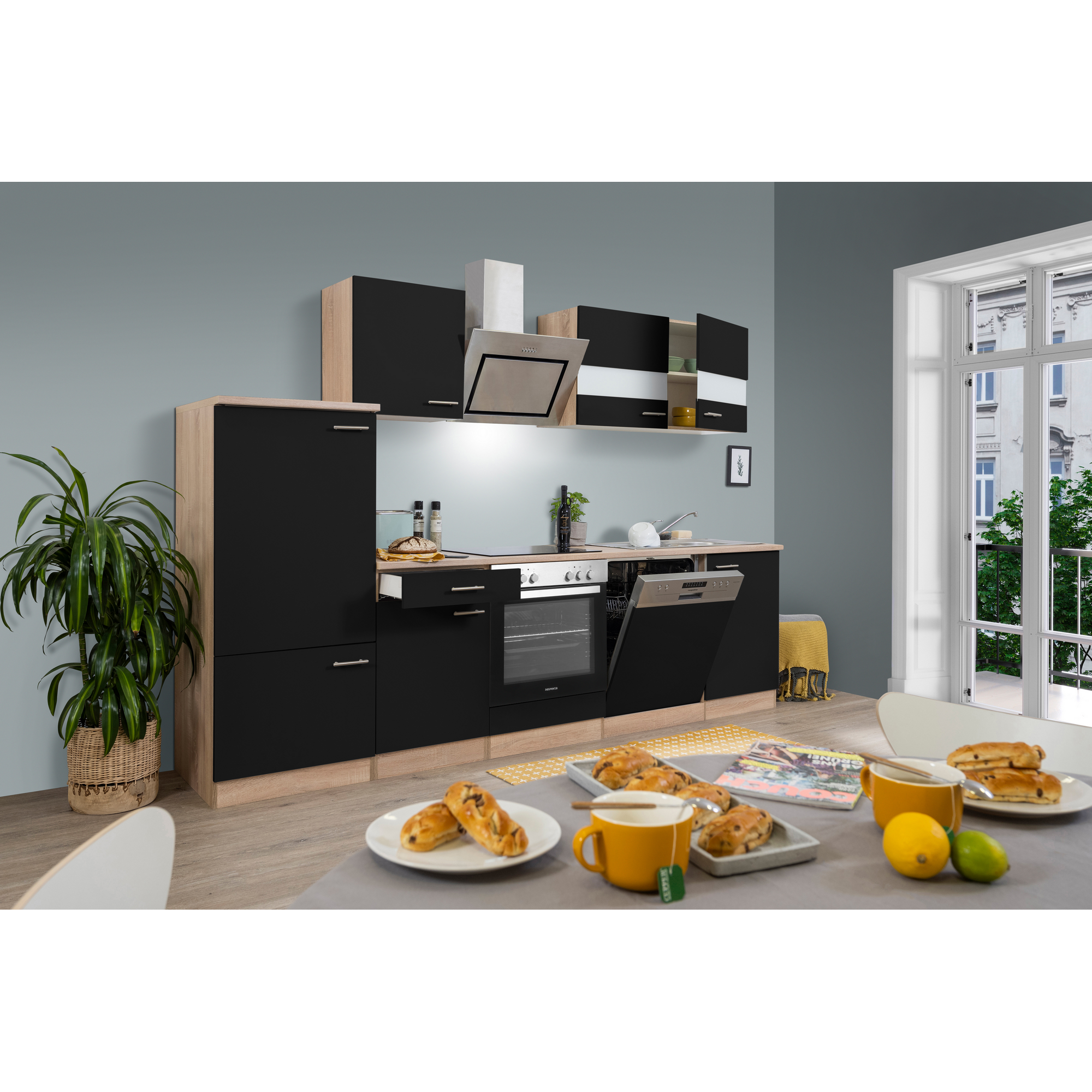 Küchenzeile 'Merle' mit E-Geräten KB280ESSSC schwarz/eichefarben 280 cm