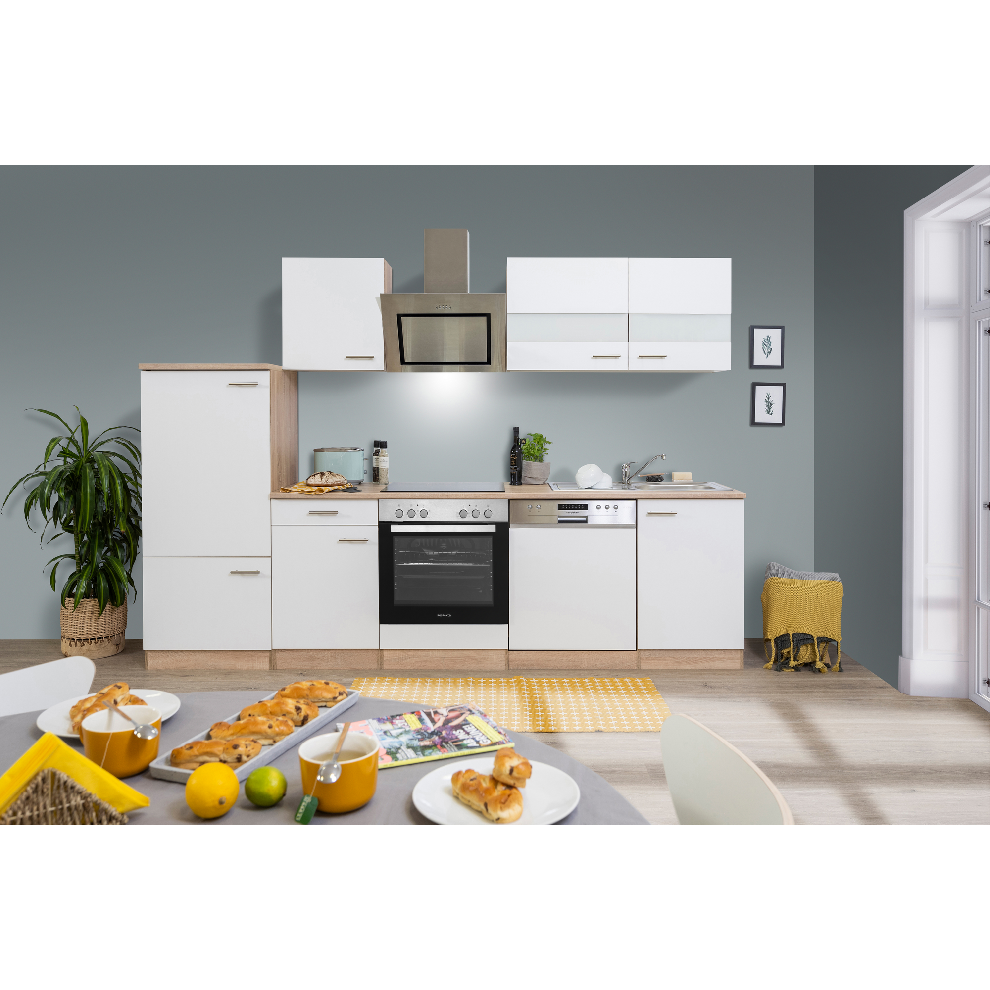 Küchenzeile 'Merle' mit E-Geräten KB280ESWSC weiß/eichefarben 280 cm