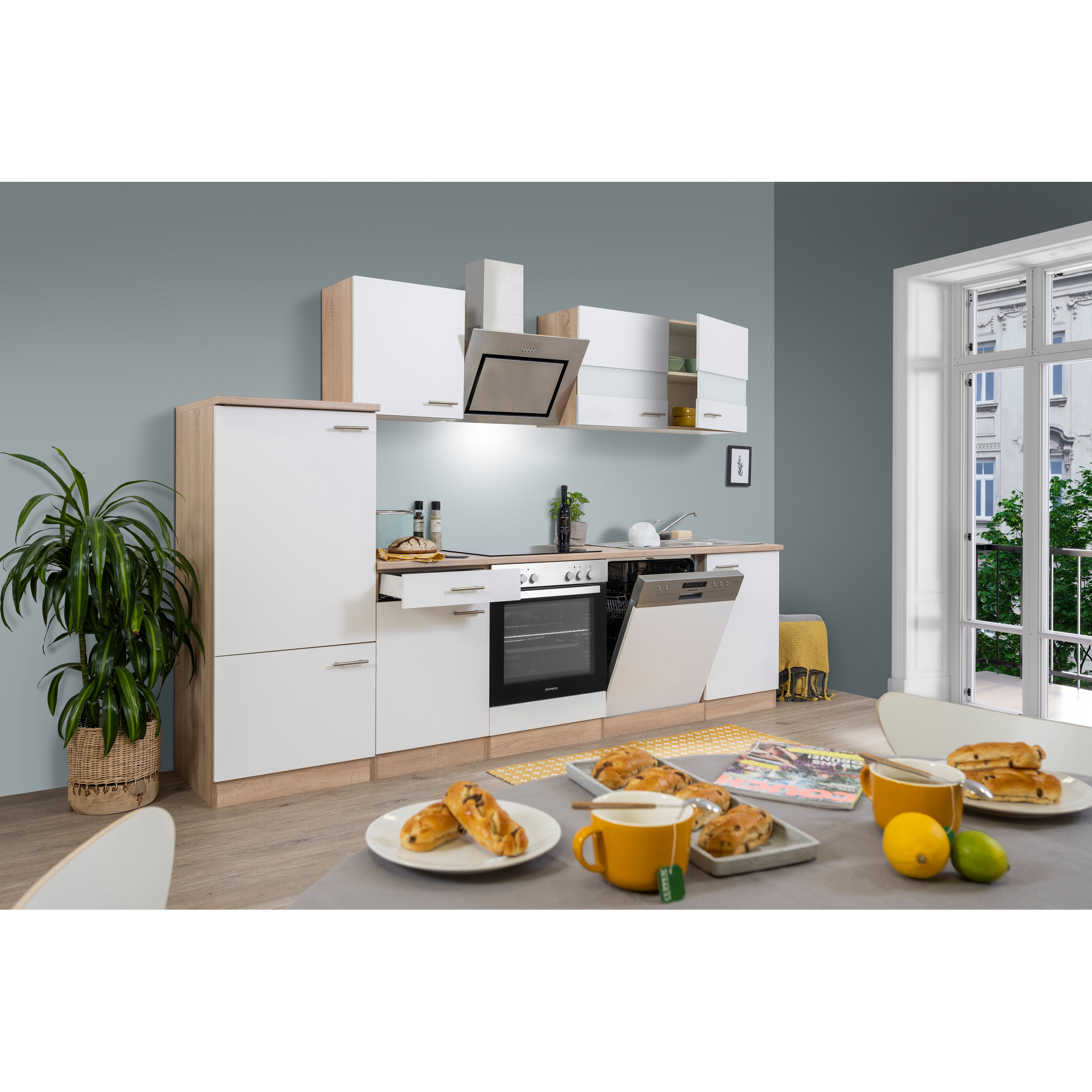 Küchenzeile 'Merle' mit E-Geräten KB280ESWSC weiß/eichefarben 280 cm