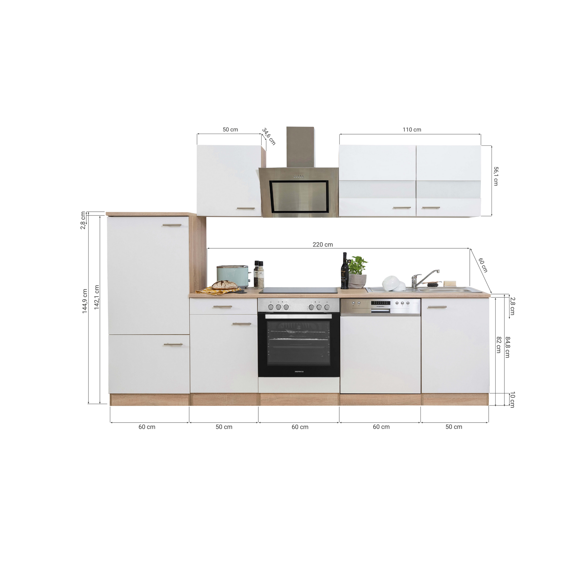 Küchenzeile 'Merle' mit E-Geräten KB280ESWSC weiß/eichefarben 280 cm