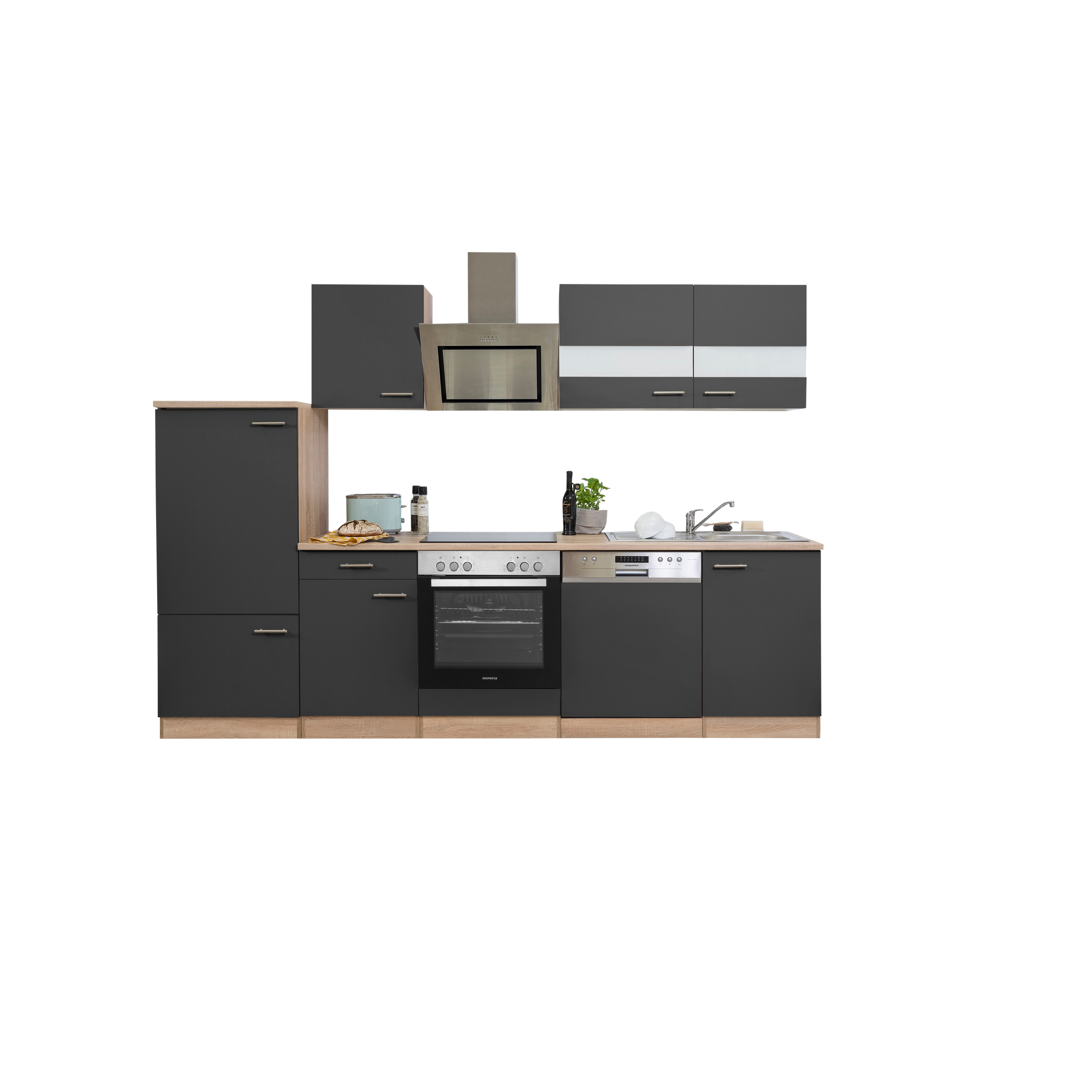 Küchenzeile 'Merle' mit E-Geräten KB280ESGSC grau/eichefarben 280 cm