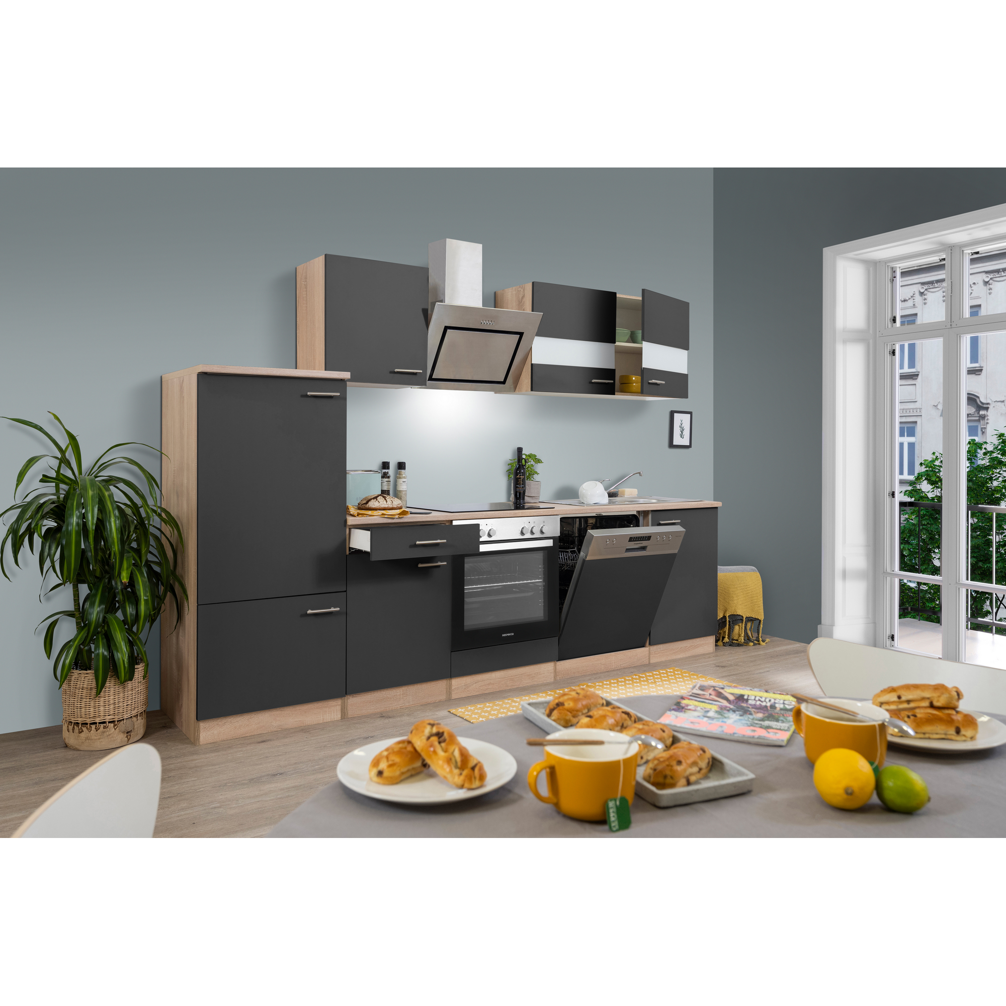Küchenzeile 'Merle' mit E-Geräten KB280ESGSC grau/eichefarben 280 cm