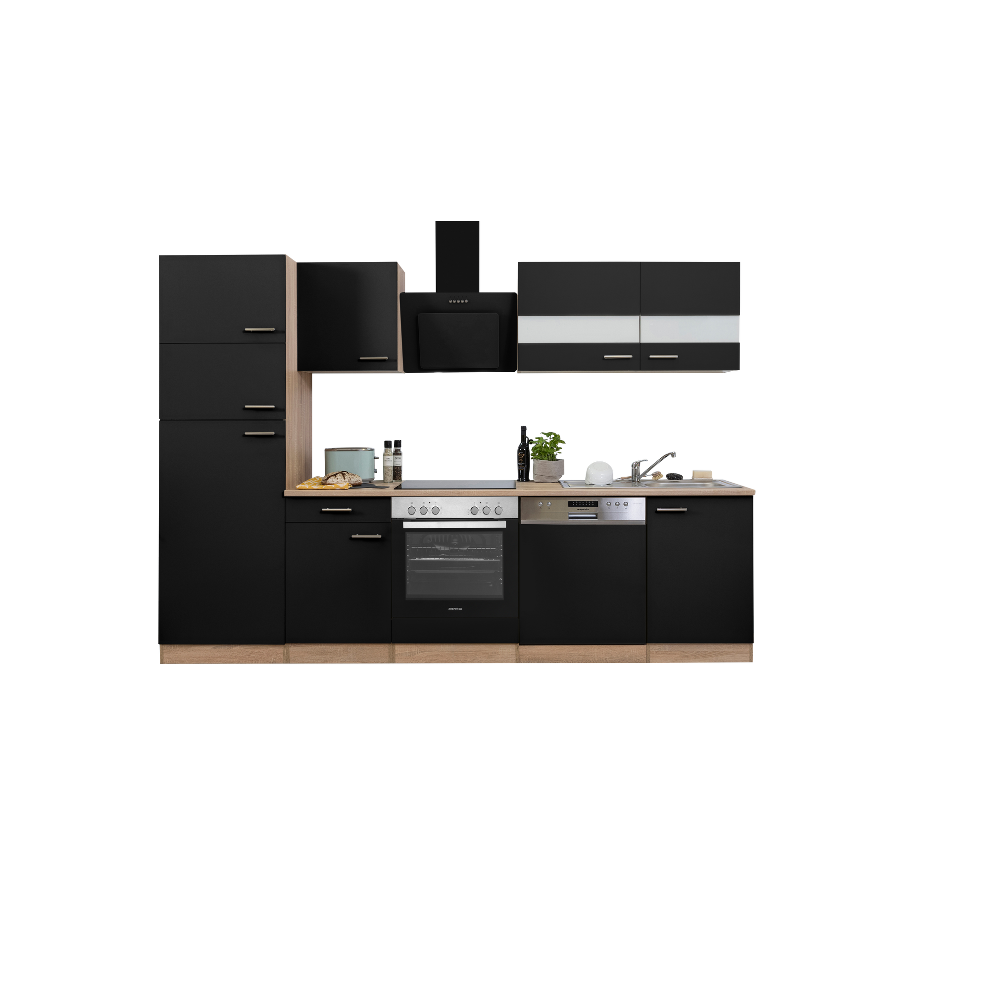 Küchenzeile 'Merle' mit E-Geräten KB280ESSCGKE schwarz/eichefarben 280 cm