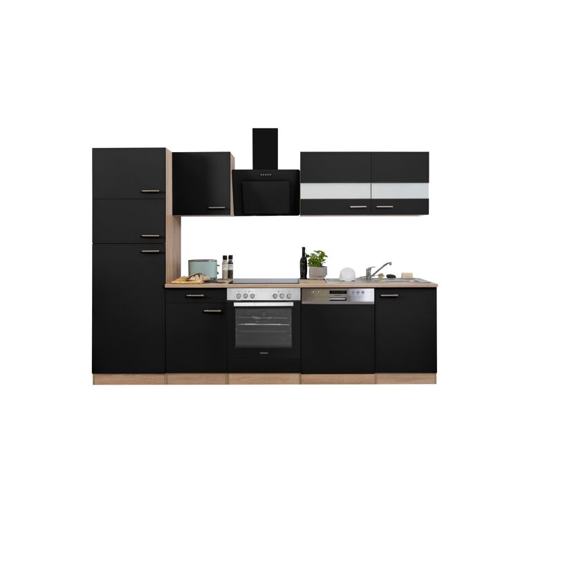 Küchenzeile 'Merle' mit E-Geräten KB280ESSCGKE schwarz/eichefarben 280 cm