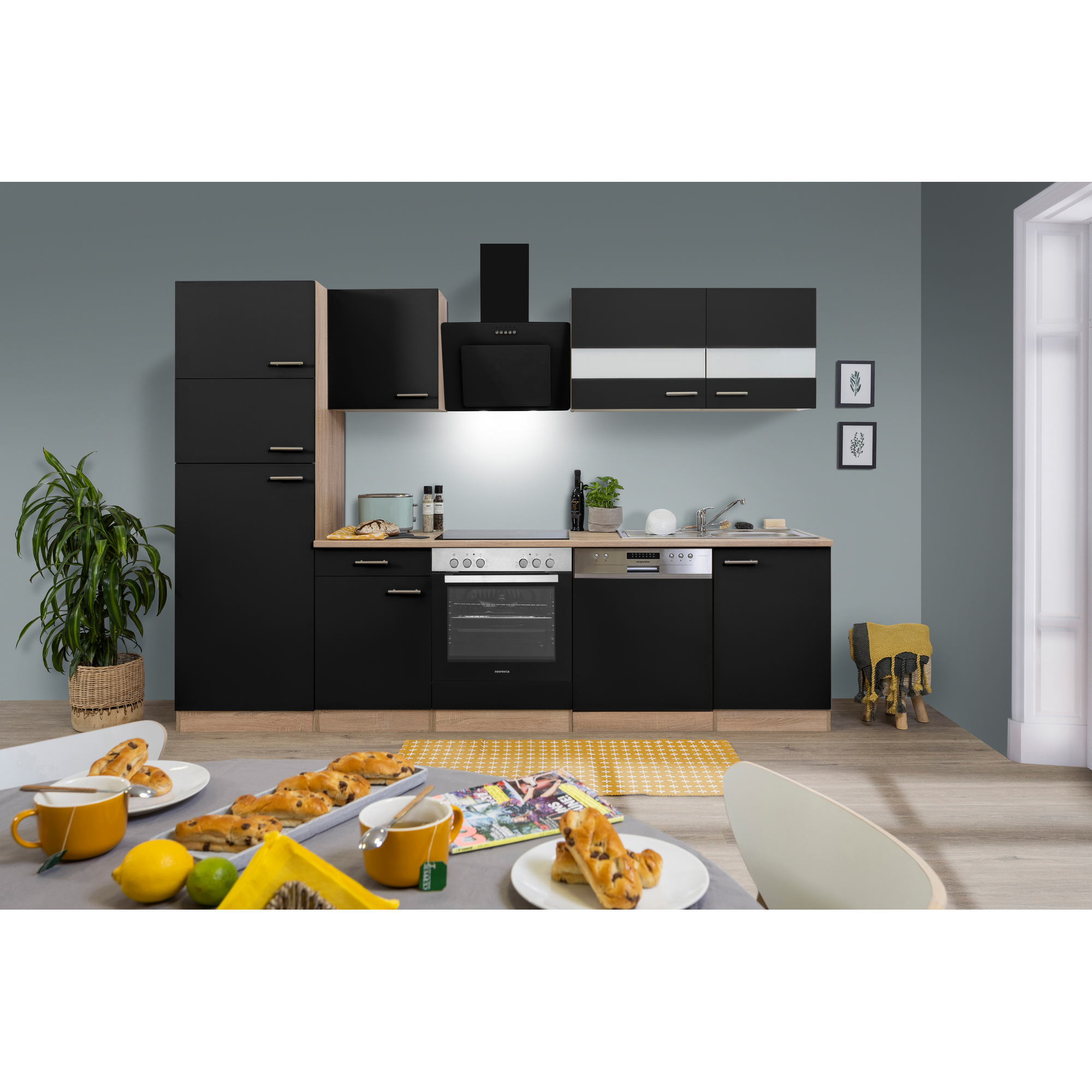 Küchenzeile 'Merle' mit E-Geräten KB280ESSCGKE schwarz/eichefarben 280 cm