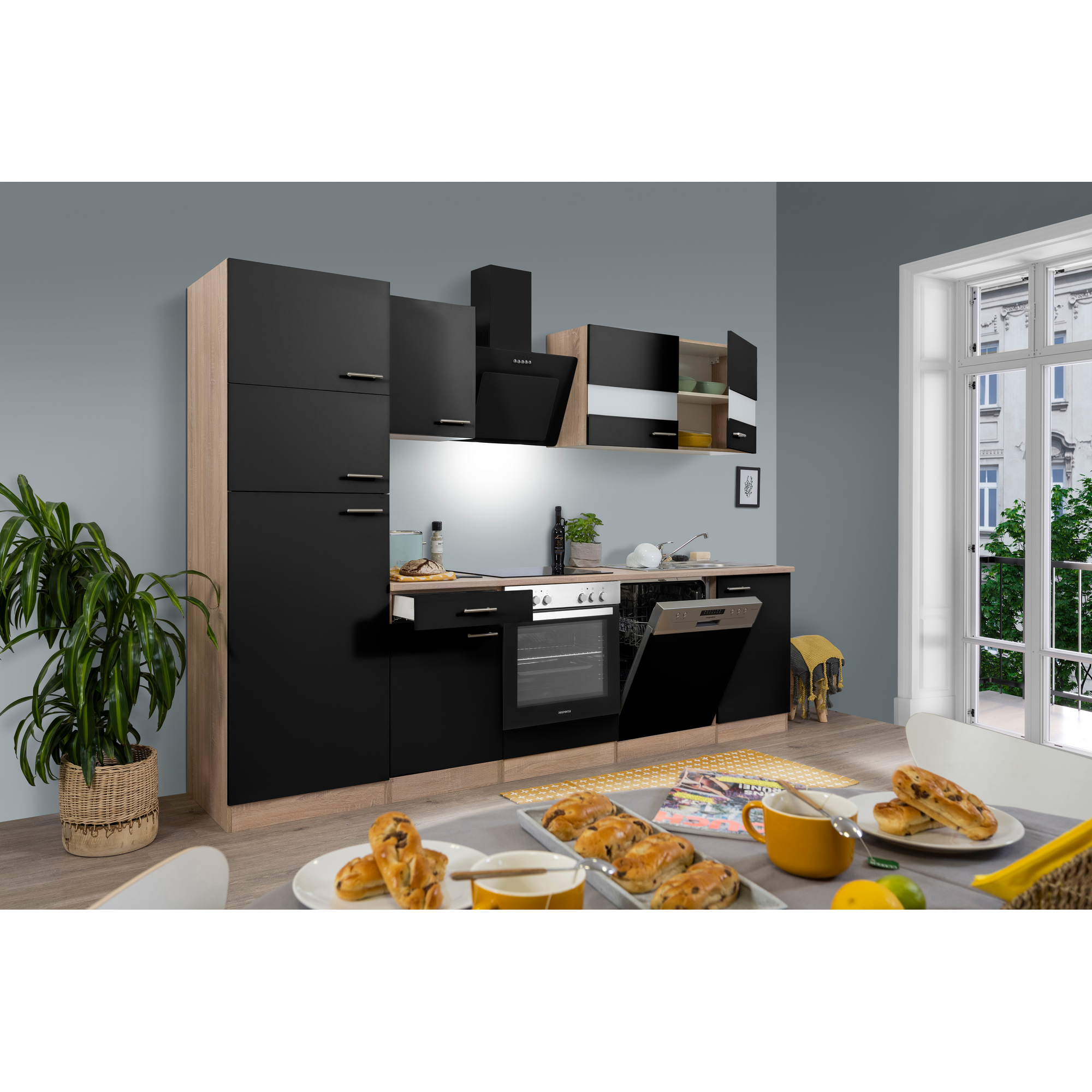 Küchenzeile 'Merle' mit E-Geräten KB280ESSCGKE schwarz/eichefarben 280 cm