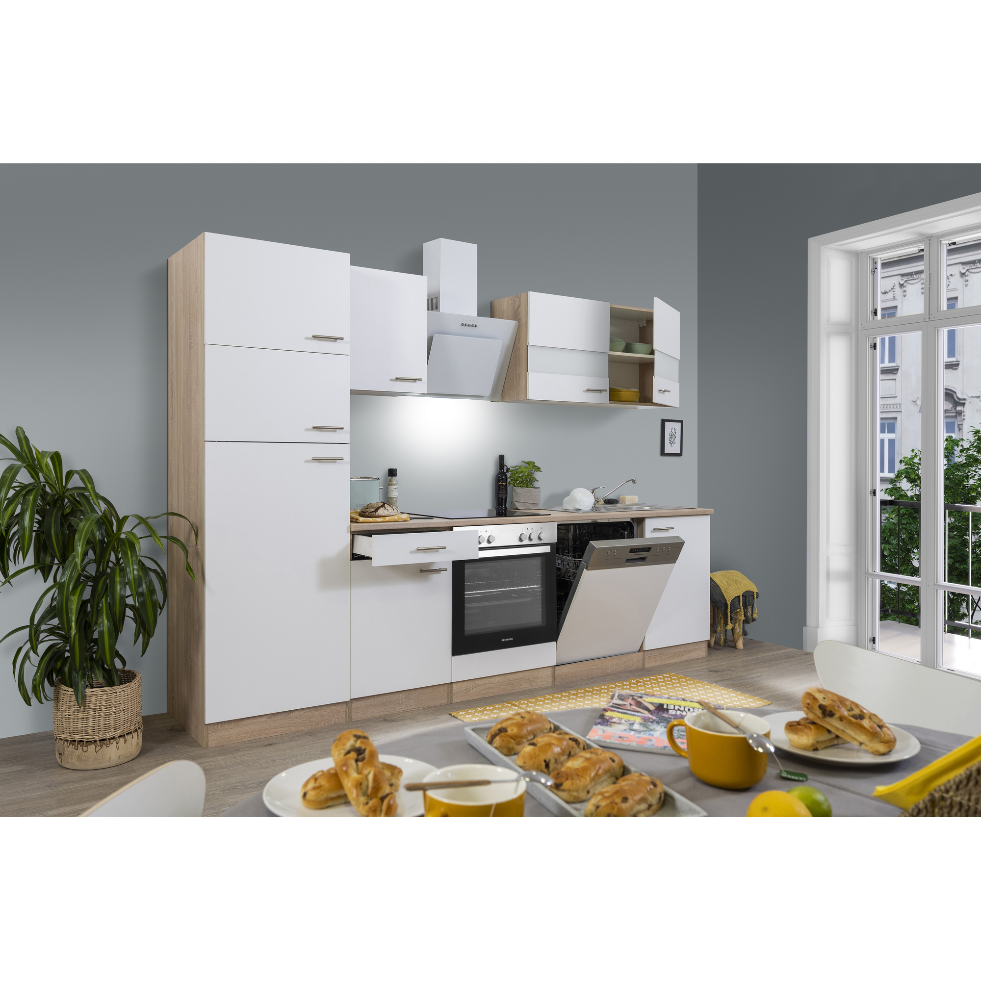 Küchenzeile 'Merle' mit E-Geräten KB280ESWCGKE weiß/eichefarben 280 cm