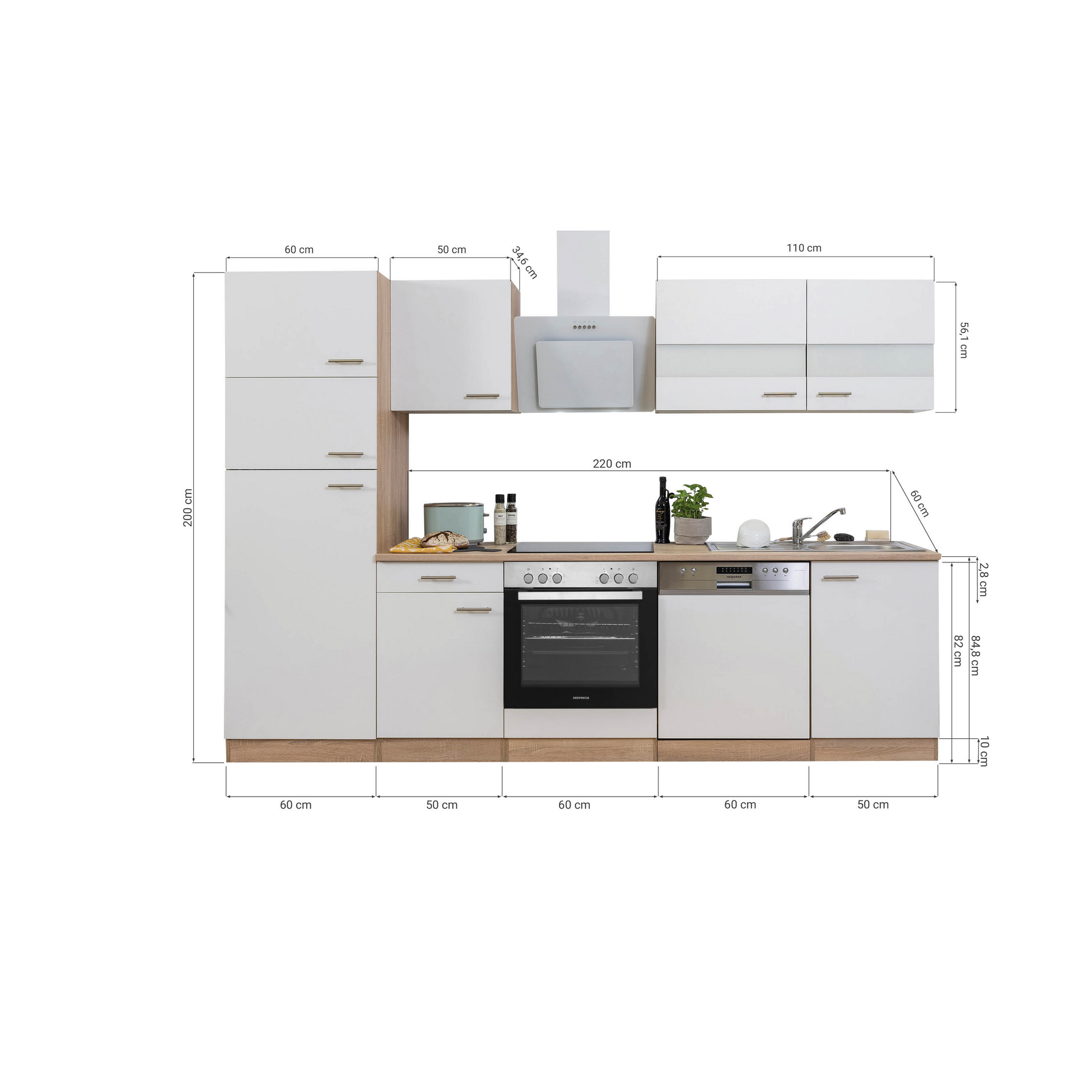 Küchenzeile 'Merle' mit E-Geräten KB280ESWCGKE weiß/eichefarben 280 cm