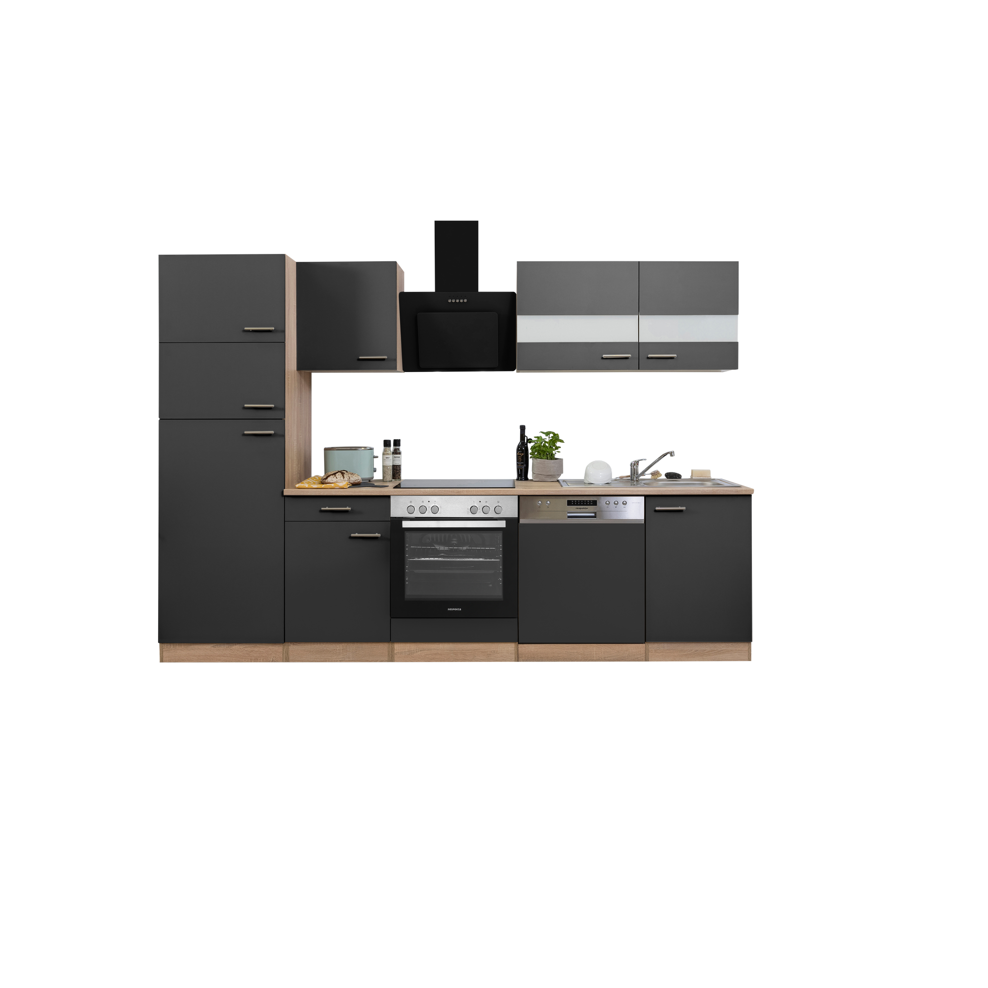 Küchenzeile 'Merle' mit E-Geräten KB280ESGCGKE grau/eichefarben 280 cm