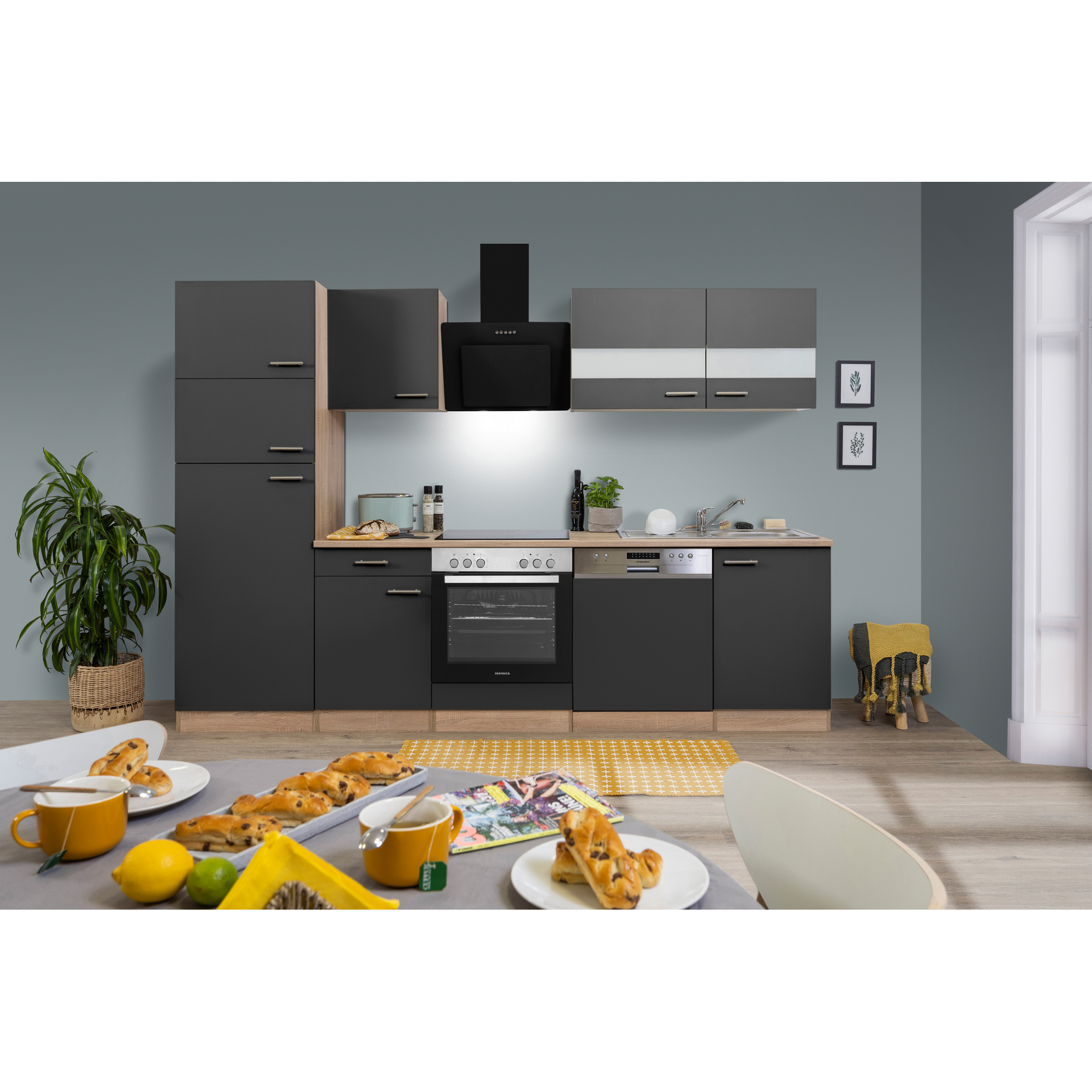 Küchenzeile 'Merle' mit E-Geräten KB280ESGCGKE grau/eichefarben 280 cm