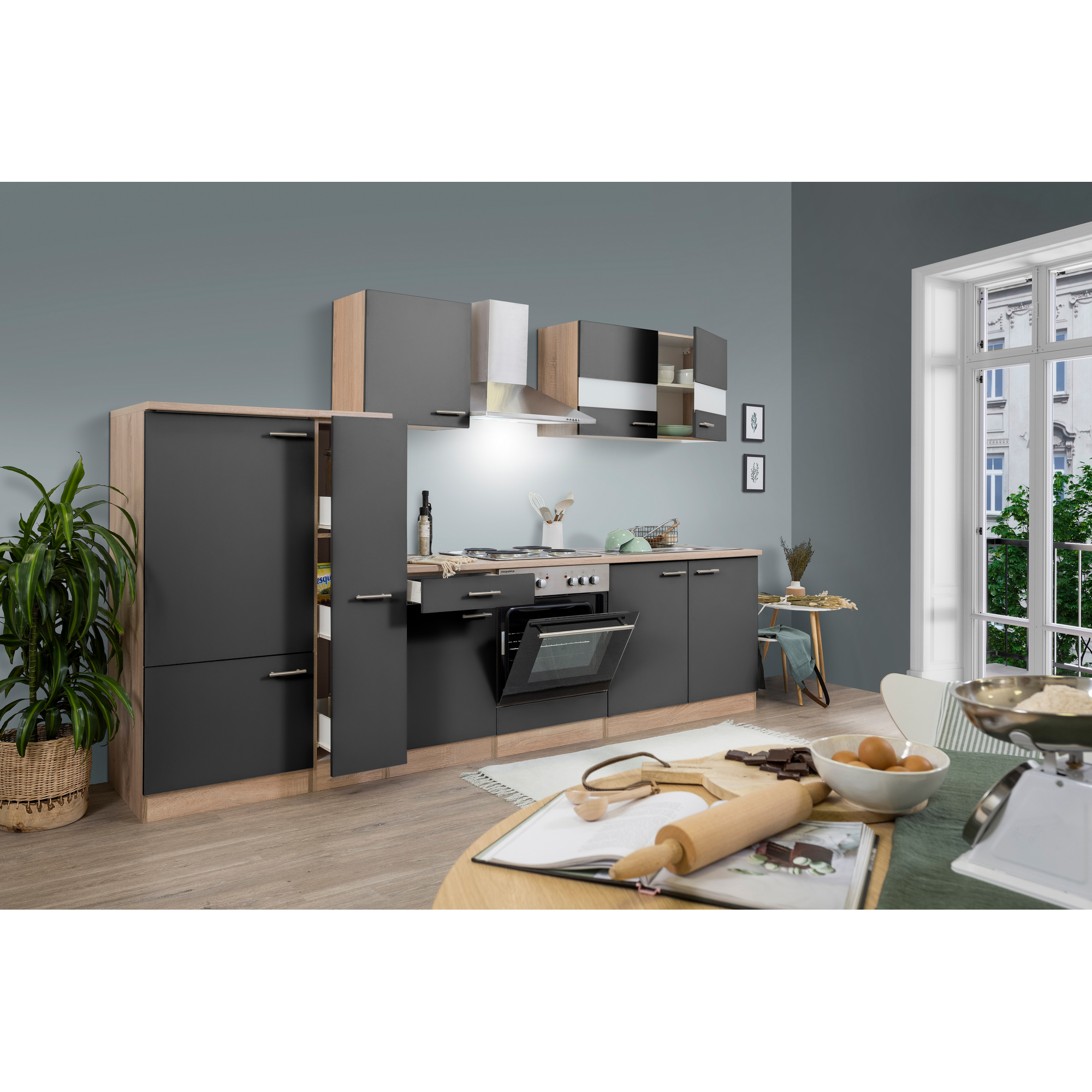 Küchenzeile 'Merle' mit E-Geräten KB300ESG grau/eichefarben 300 cm