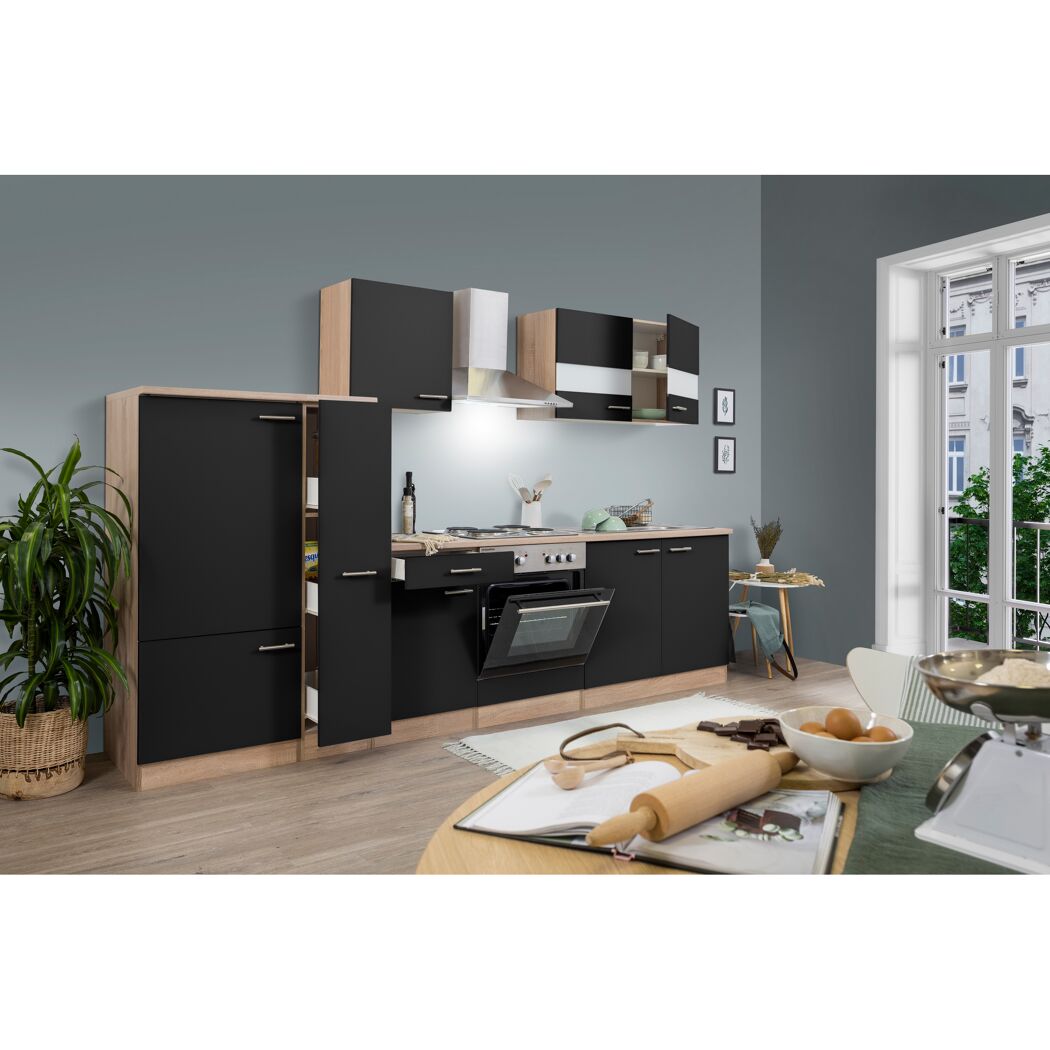 Küchenzeile 'Merle' mit E-Geräten KB300ESS schwarz/eichefarben 300 cm