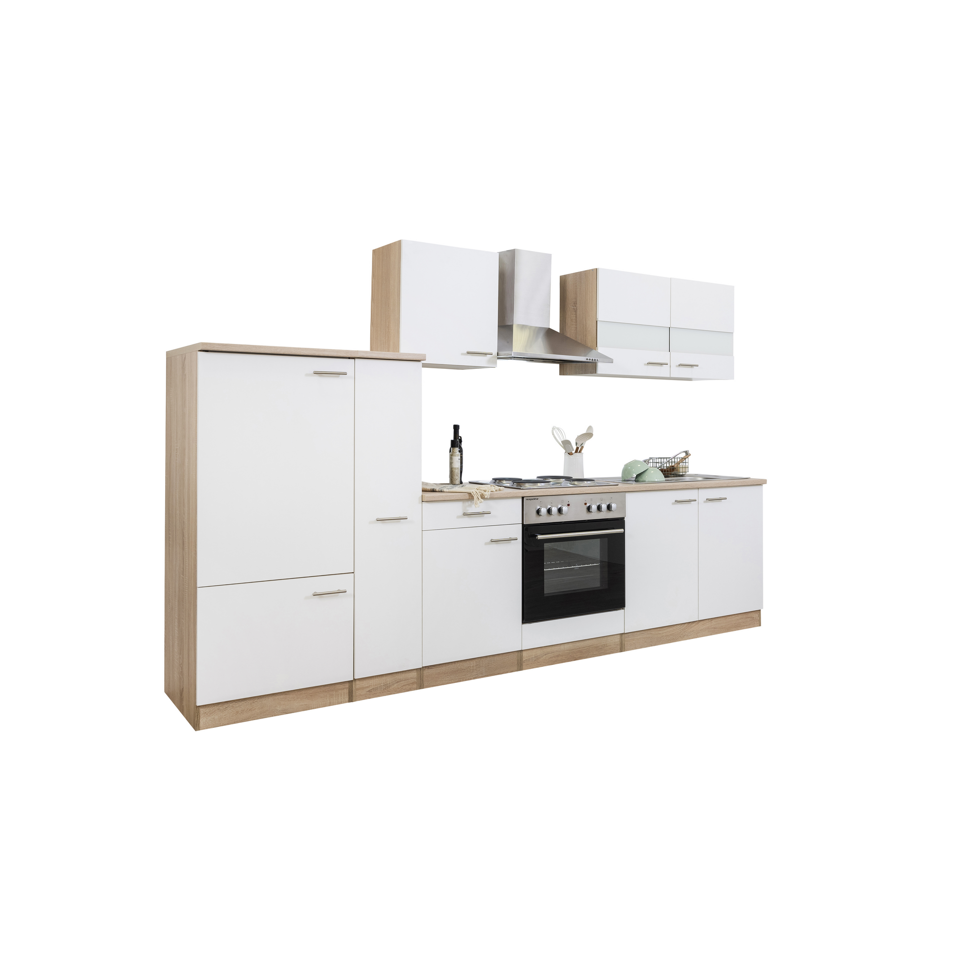 Küchenzeile 'Merle' mit E-Geräten KB300ESW weiß/eichefarben 300 cm