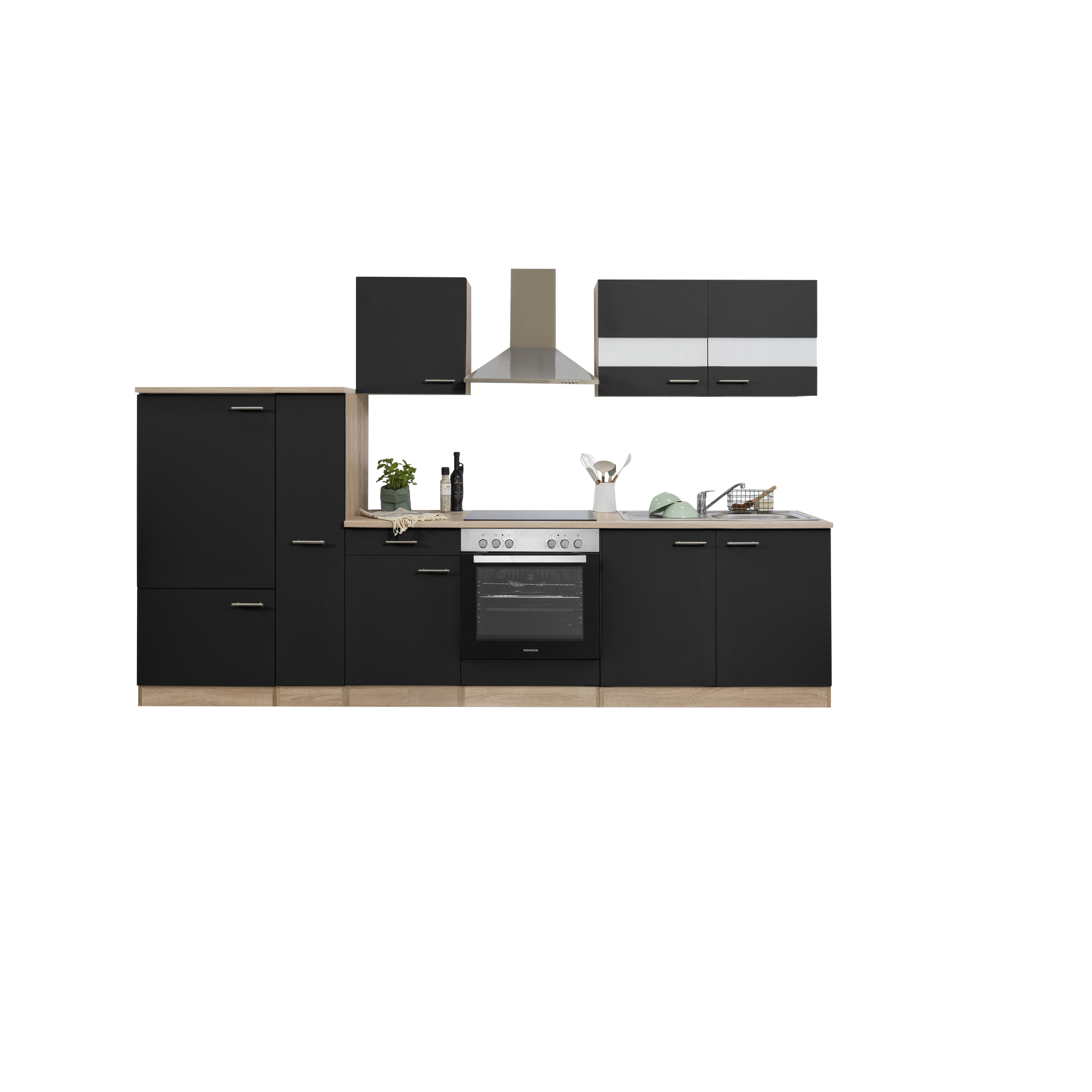 Küchenzeile 'Merle' mit E-Geräten KB300ESSC schwarz/eichefarben 300 cm