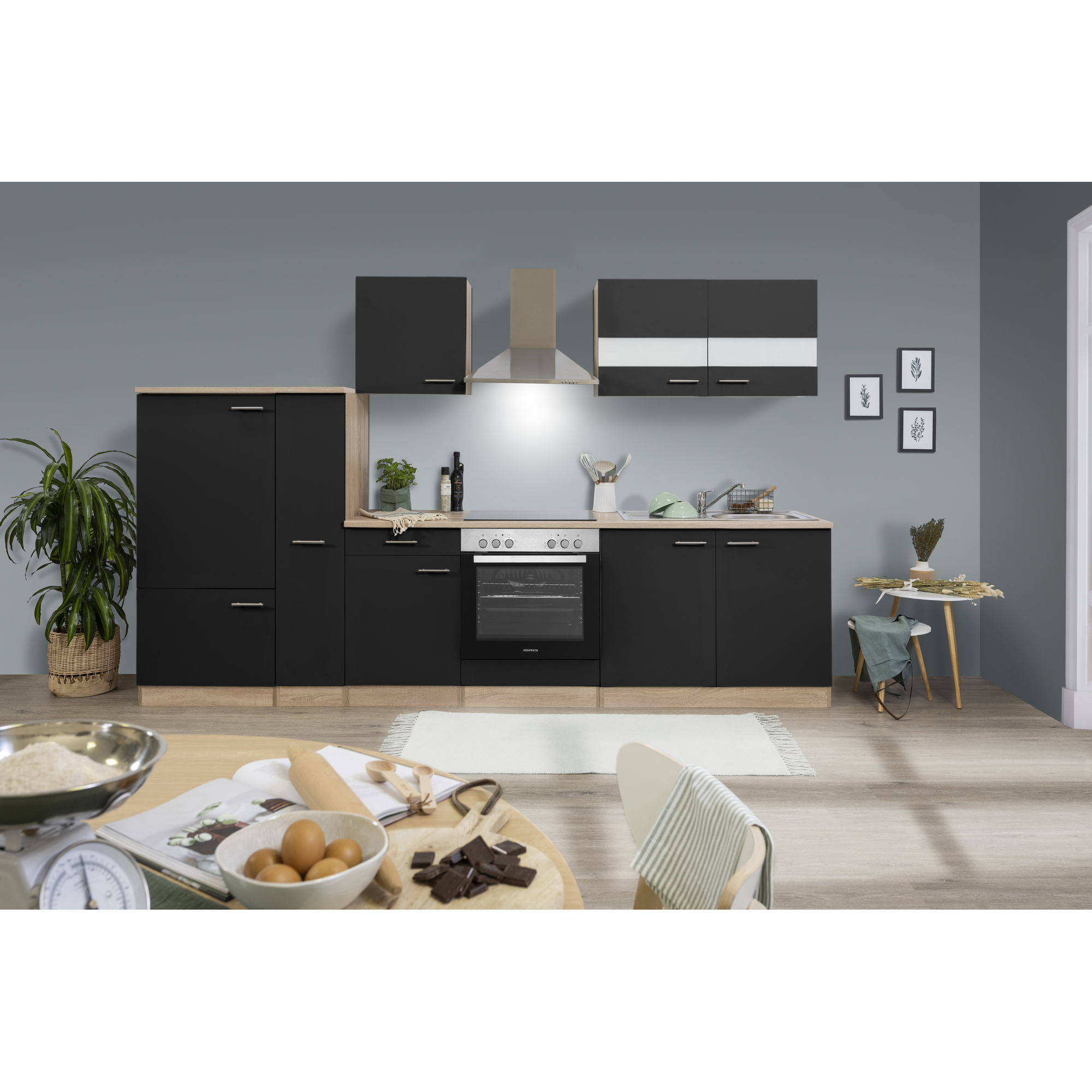 Küchenzeile 'Merle' mit E-Geräten KB300ESSC schwarz/eichefarben 300 cm