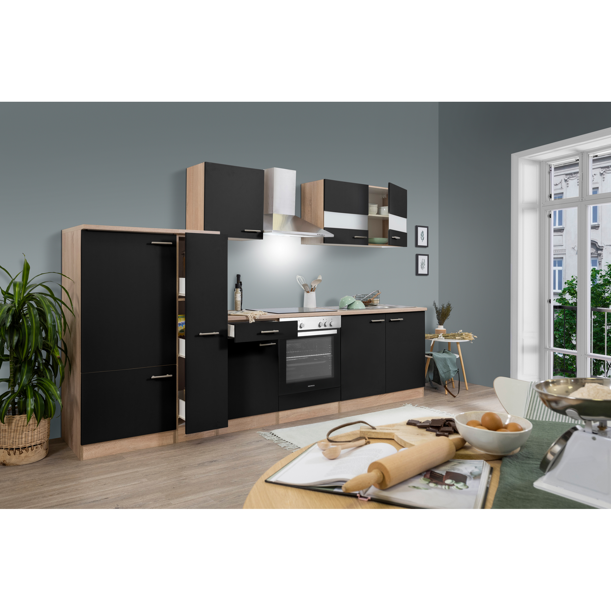 Küchenzeile 'Merle' mit E-Geräten KB300ESSC schwarz/eichefarben 300 cm