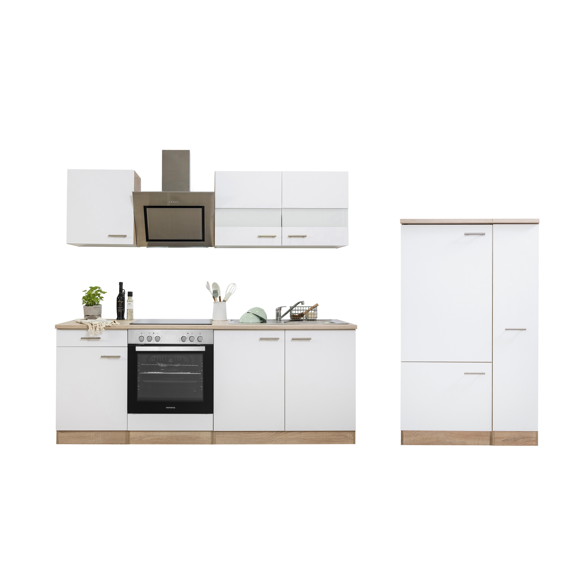 Küchenzeile 'Merle' mit E-Geräten KB300ESWC weiß/eichefarben 300 cm