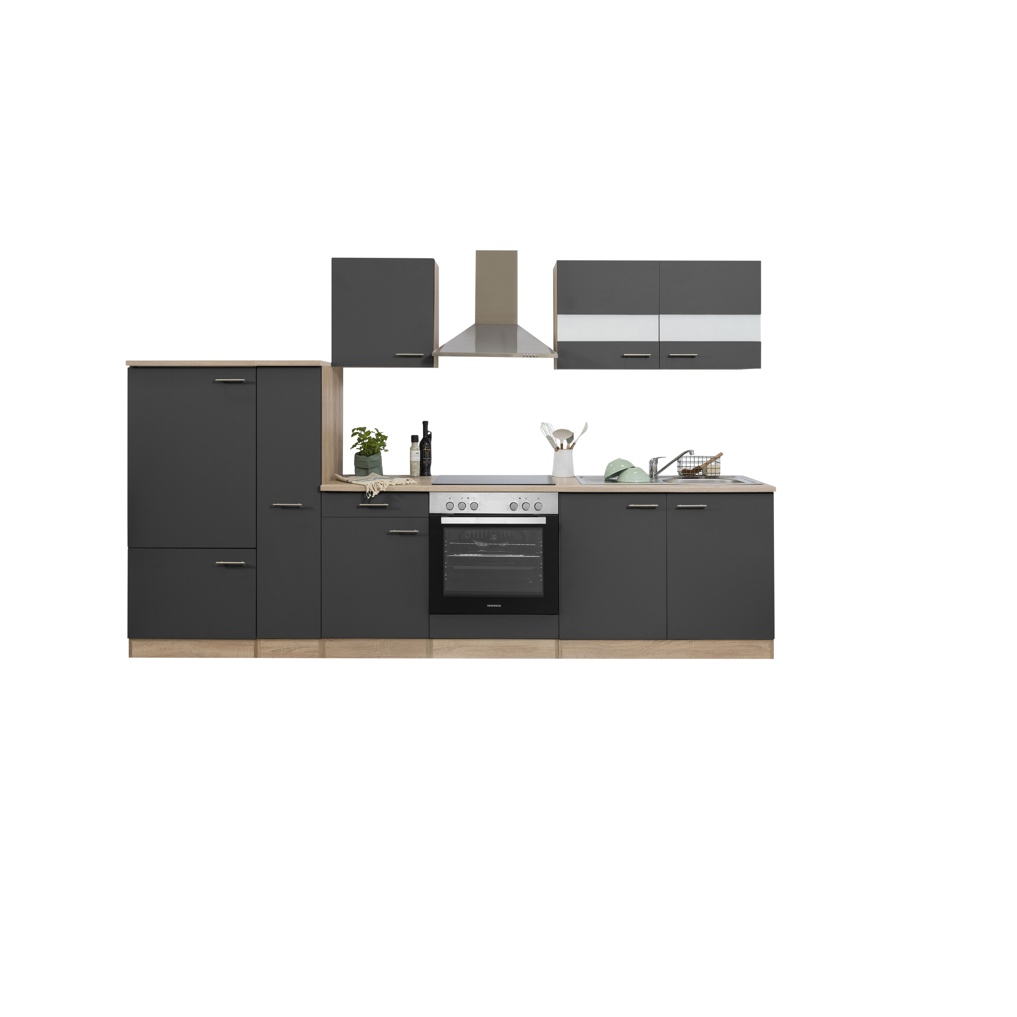 Küchenzeile 'Merle' mit E-Geräten KB300ESGC grau/eichefarben 300 cm