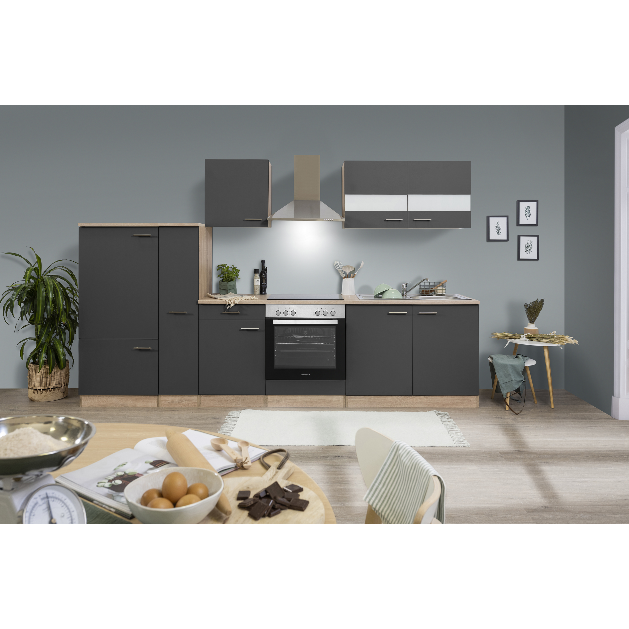 Küchenzeile 'Merle' mit E-Geräten KB300ESGC grau/eichefarben 300 cm