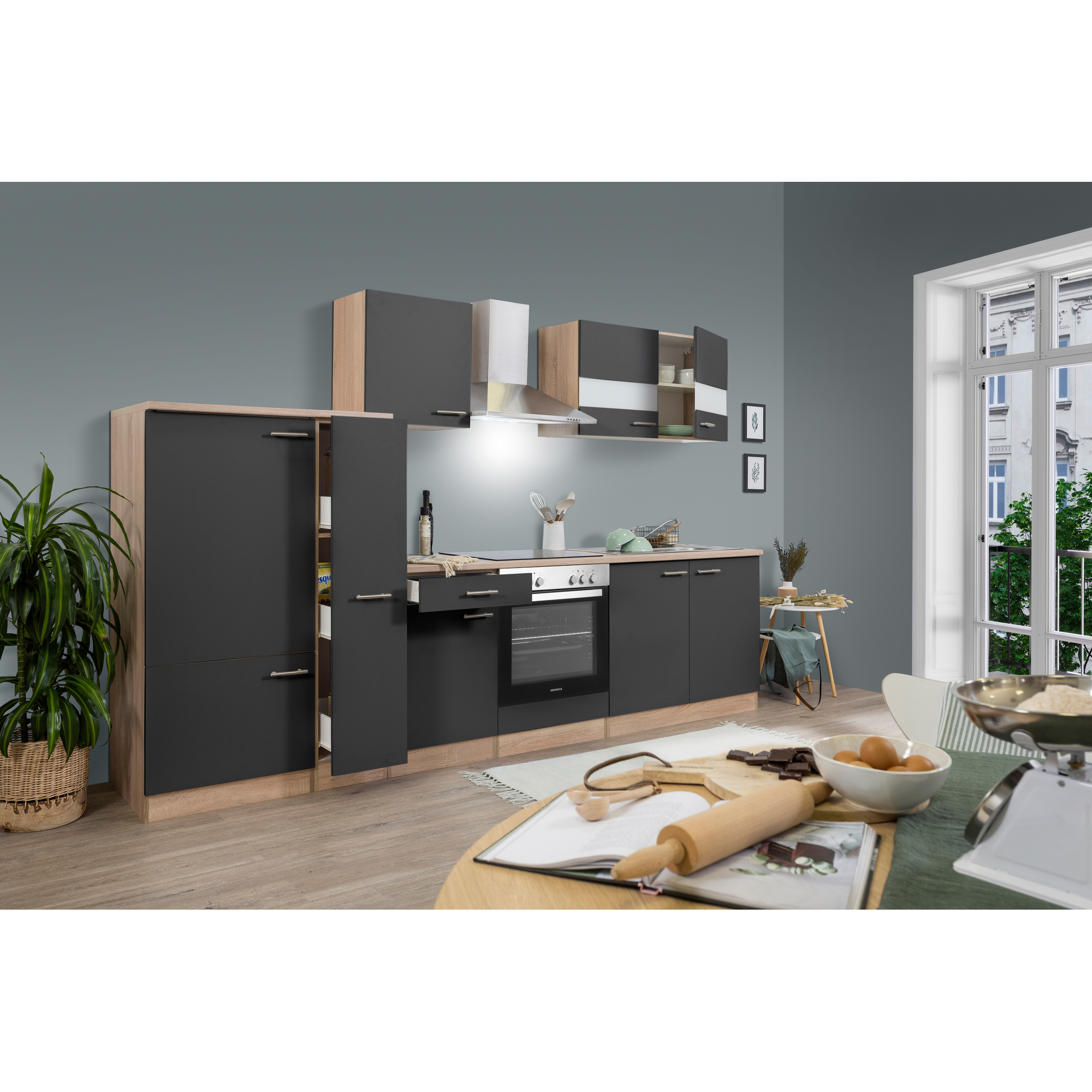 Küchenzeile 'Merle' mit E-Geräten KB300ESGC grau/eichefarben 300 cm