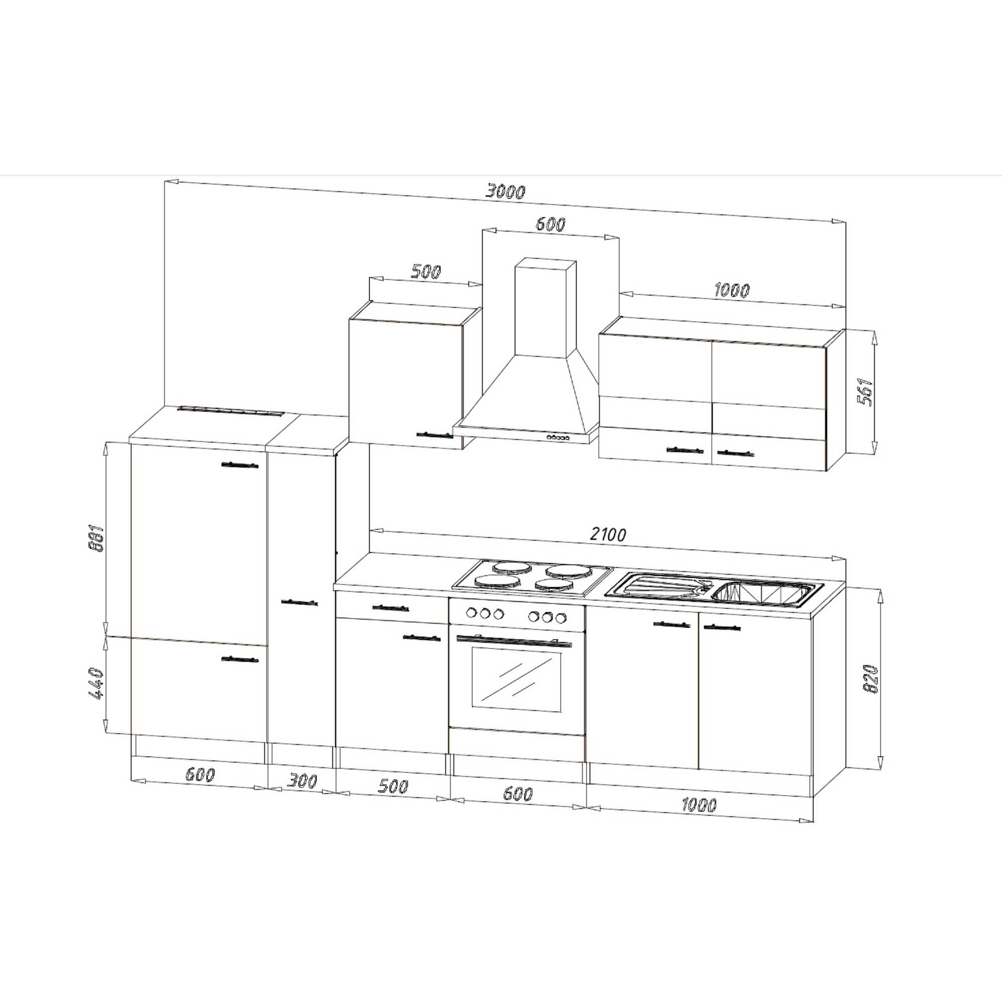 Küchenzeile 'Merle' mit E-Geräten KB300ESGC grau/eichefarben 300 cm