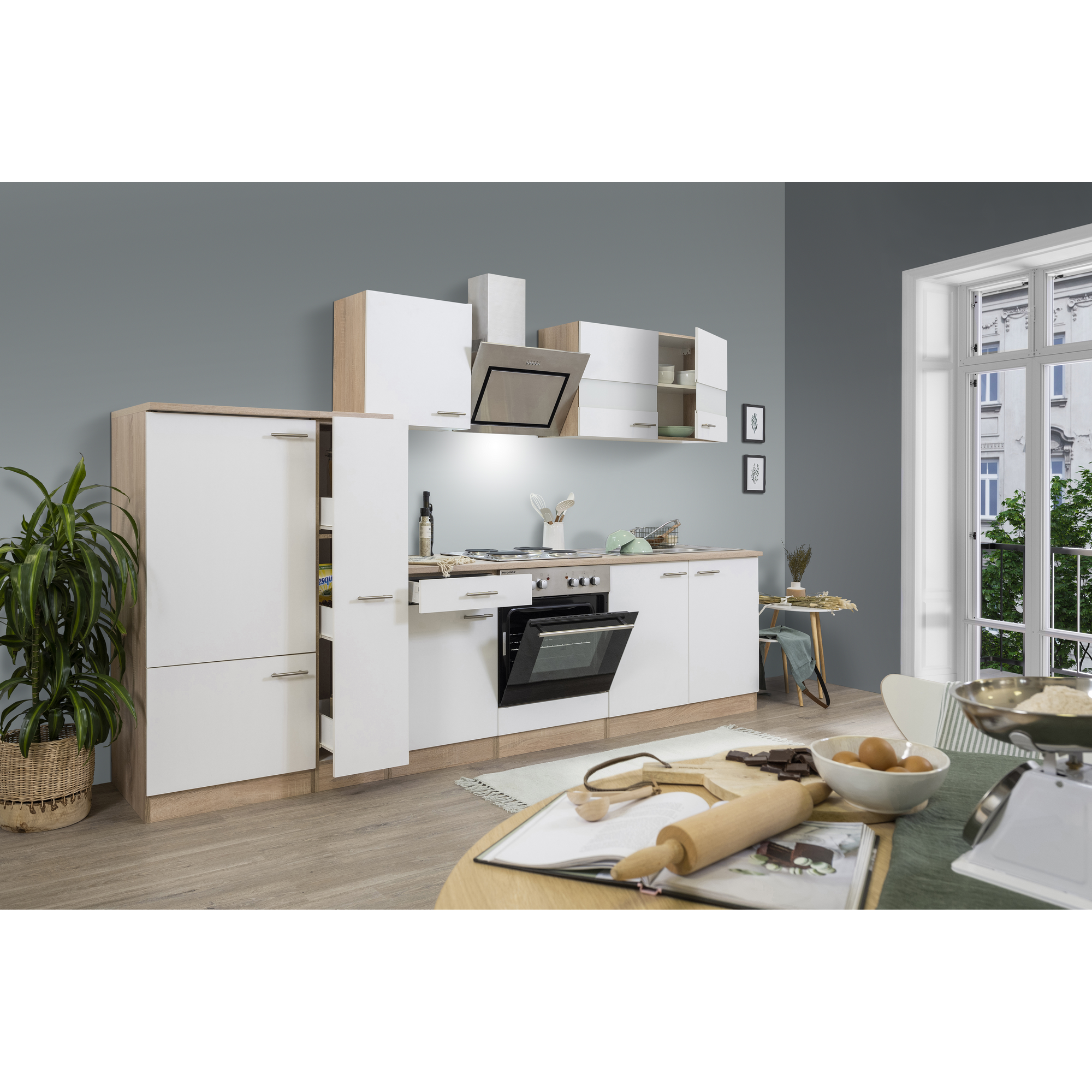 Küchenzeile 'Merle' mit E-Geräten KB300ESWS weiß/eichefarben 300 cm