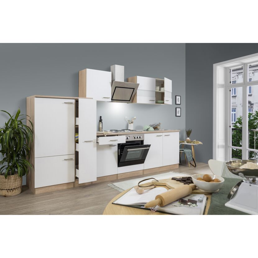 Küchenzeile 'Merle' mit E-Geräten KB300ESWS weiß/eichefarben 300 cm