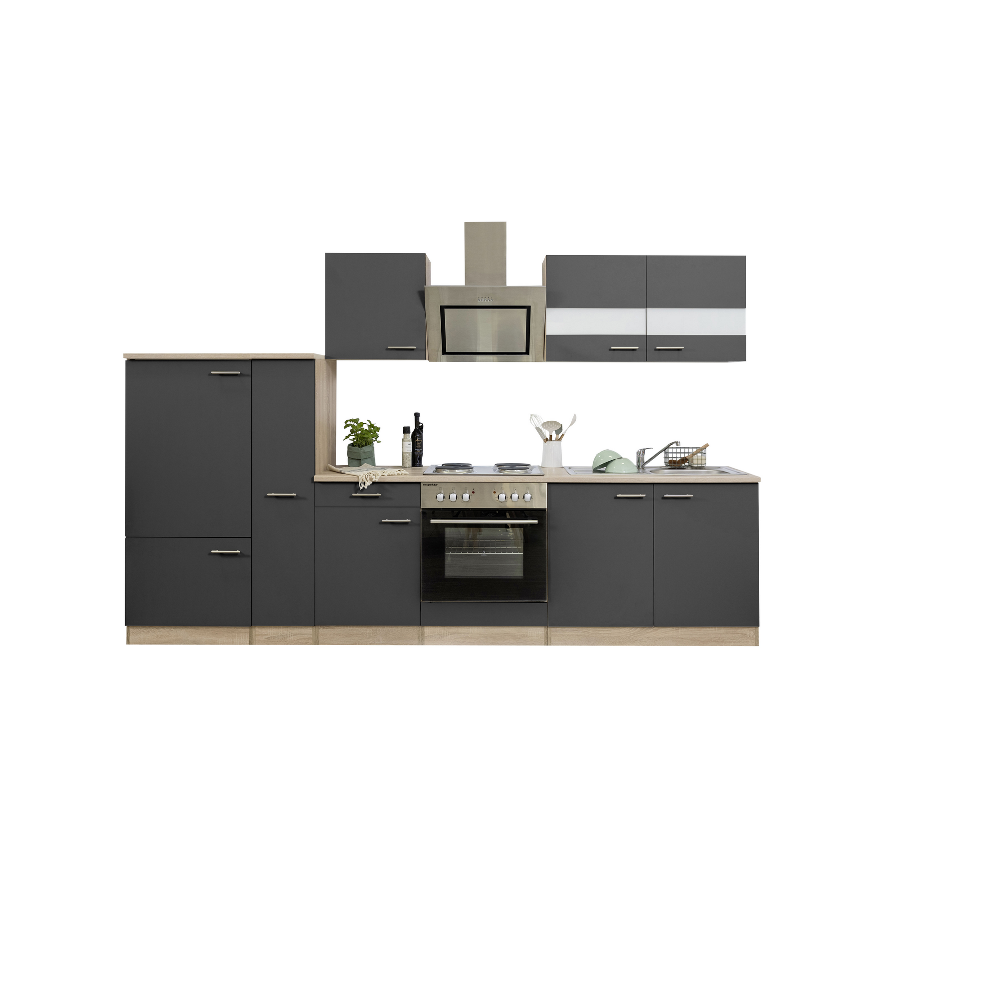 Küchenzeile 'Merle' mit E-Geräten KB300ESGS grau/eichefarben 300 cm