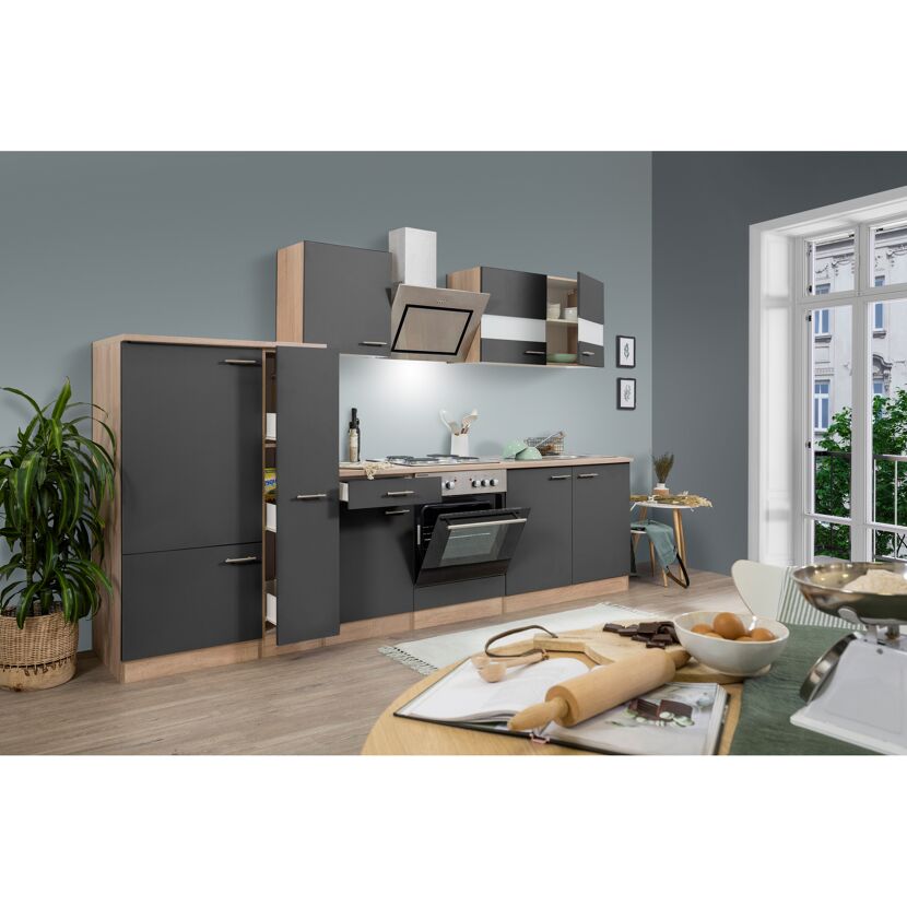 Küchenzeile 'Merle' mit E-Geräten KB300ESGS grau/eichefarben 300 cm