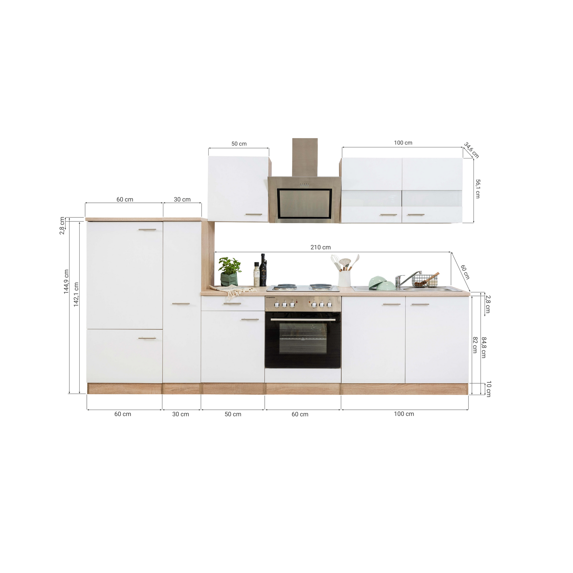 Küchenzeile 'Merle' mit E-Geräten KB300ESGS grau/eichefarben 300 cm