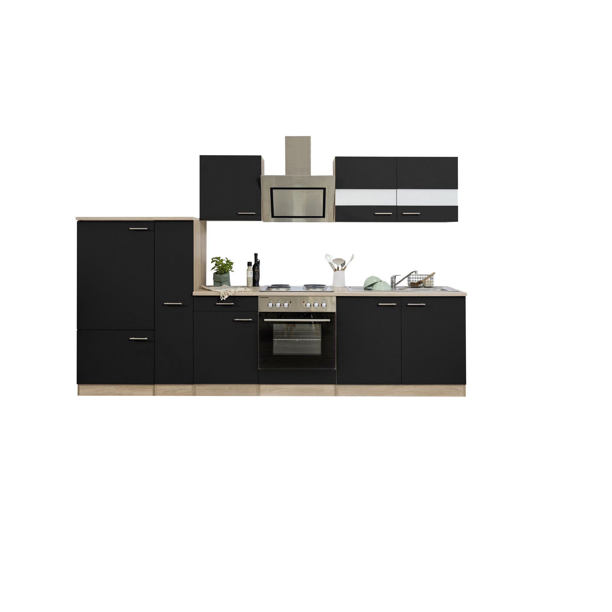 Küchenzeile 'Merle' mit E-Geräten KB300ESSS schwarz/eichefarben 300 cm