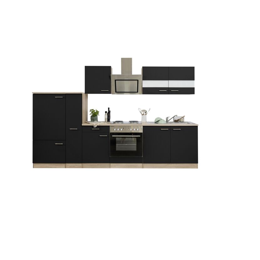 Küchenzeile 'Merle' mit E-Geräten KB300ESSS schwarz/eichefarben 300 cm