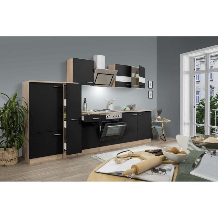 Küchenzeile 'Merle' mit E-Geräten KB300ESSS schwarz/eichefarben 300 cm
