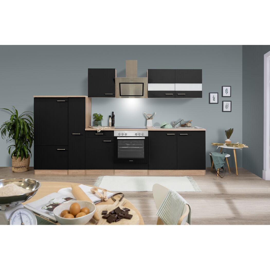 Küchenzeile 'Merle' mit E-Geräten KB300ESSSC schwarz/eichefarben 300 cm